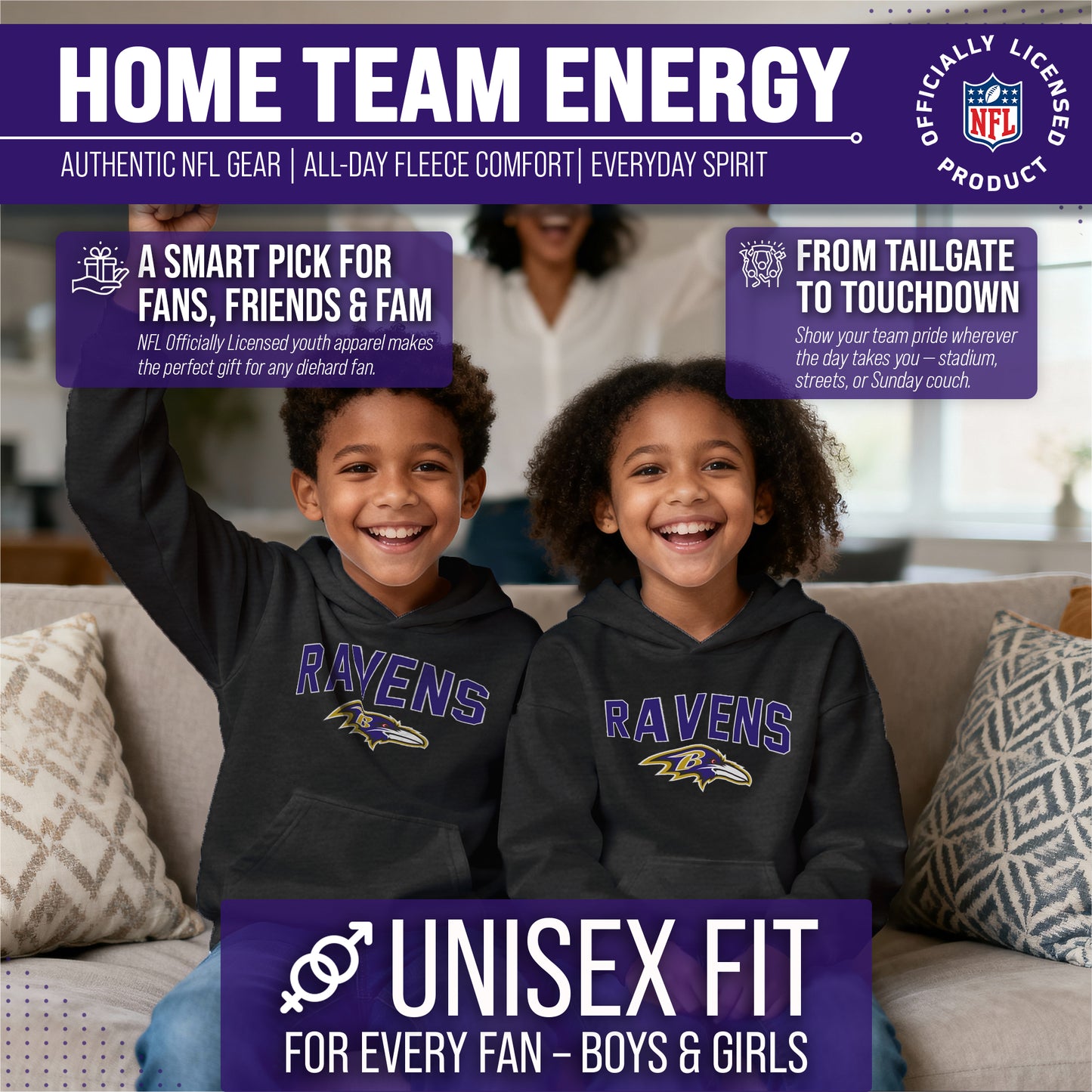 Baltimore Ravens NFL Youth Home Team Hoodie- Kids Hooded Sweatshirt - Black