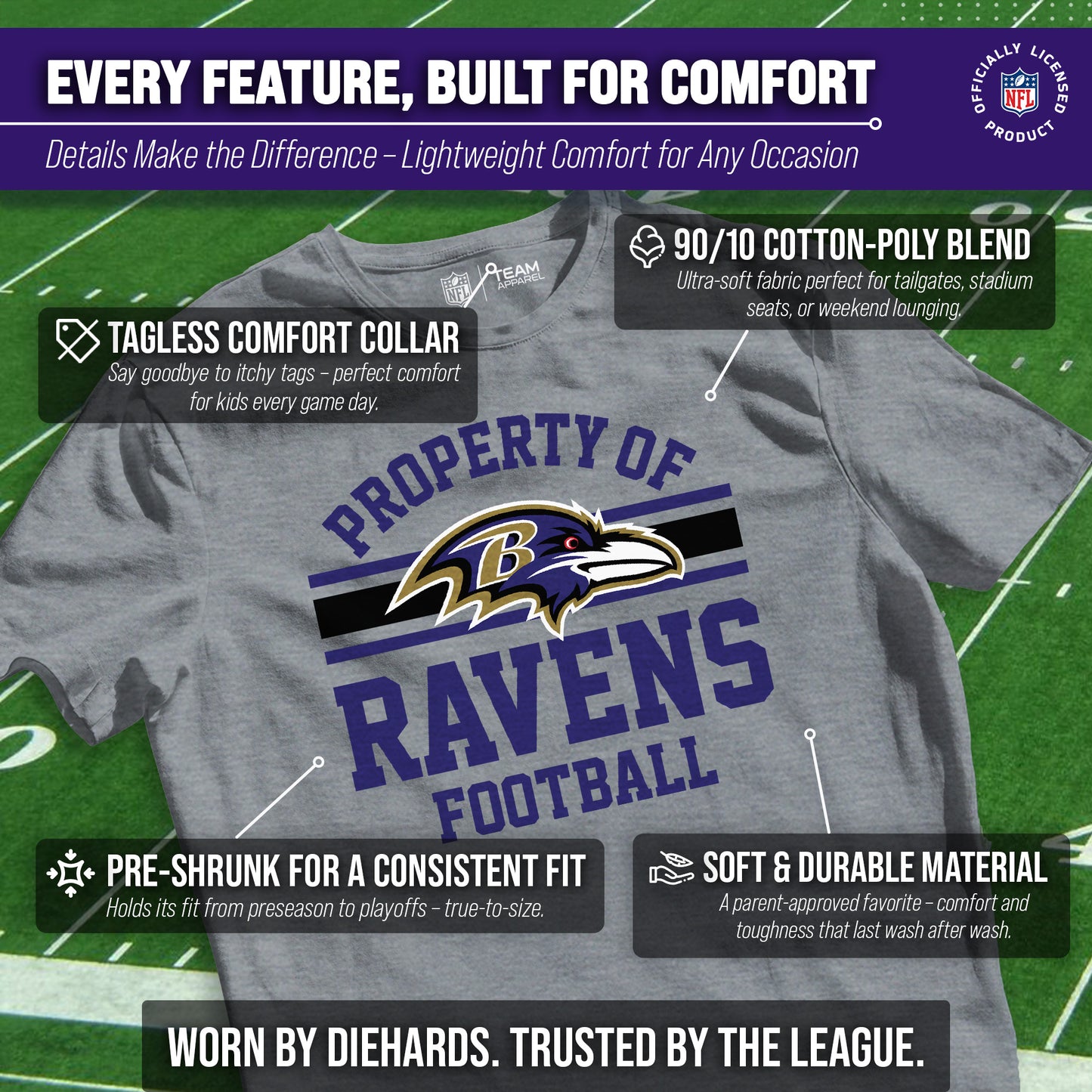 Baltimore Ravens NFL Youth Property Of Short Sleeve Lightweight T Shirt - Sport Gray