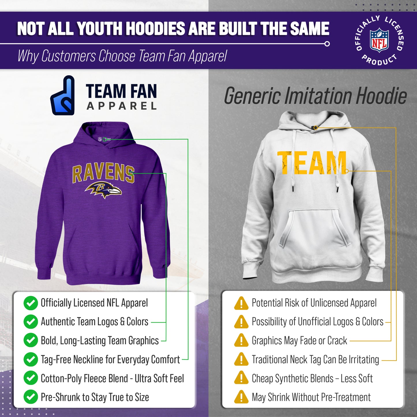 Baltimore Ravens NFL Youth Home Team Hoodie- Kids Hooded Sweatshirt - Purple