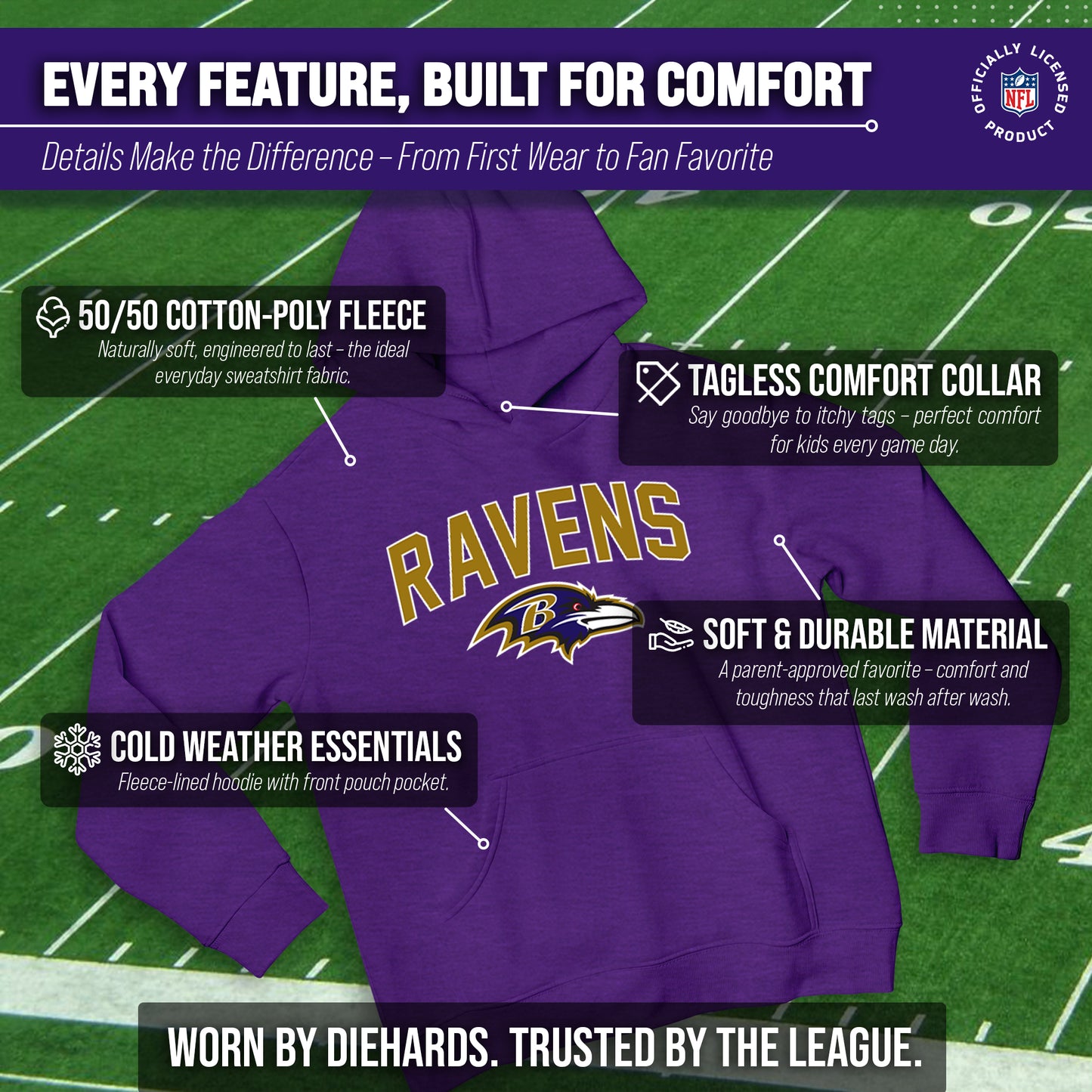 Baltimore Ravens NFL Youth Home Team Hoodie- Kids Hooded Sweatshirt - Purple