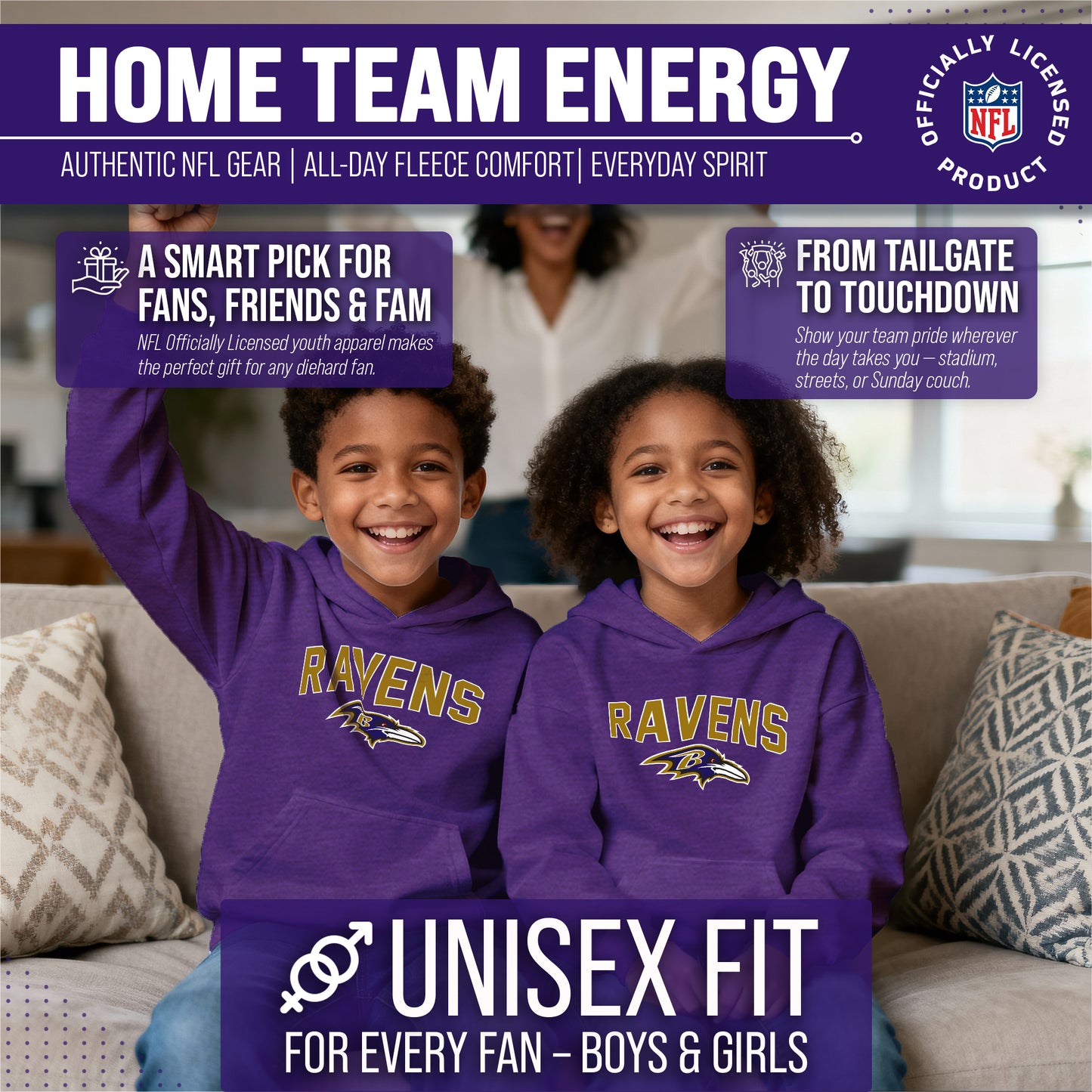 Baltimore Ravens NFL Youth Home Team Hoodie- Kids Hooded Sweatshirt - Purple