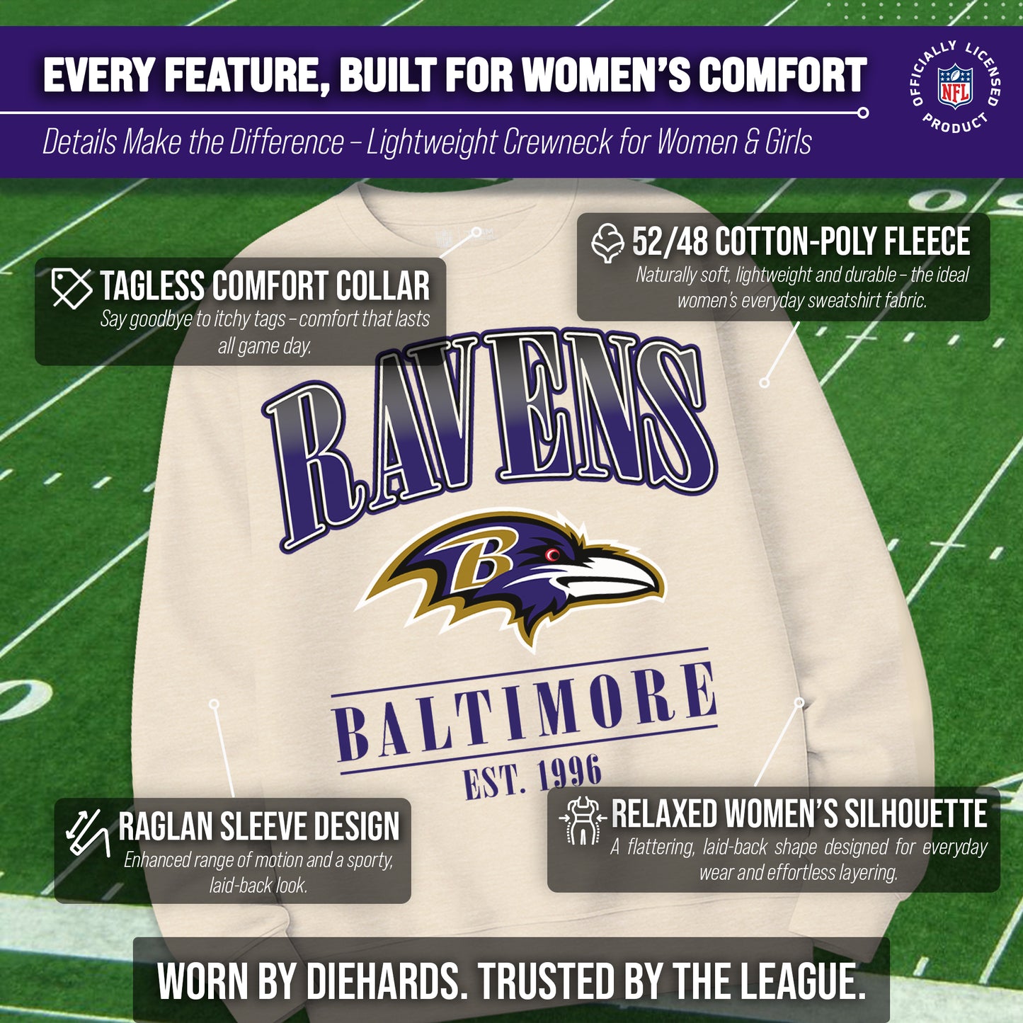 Baltimore Ravens Womens NFL Starstruck Crewneck Pullover - Cream