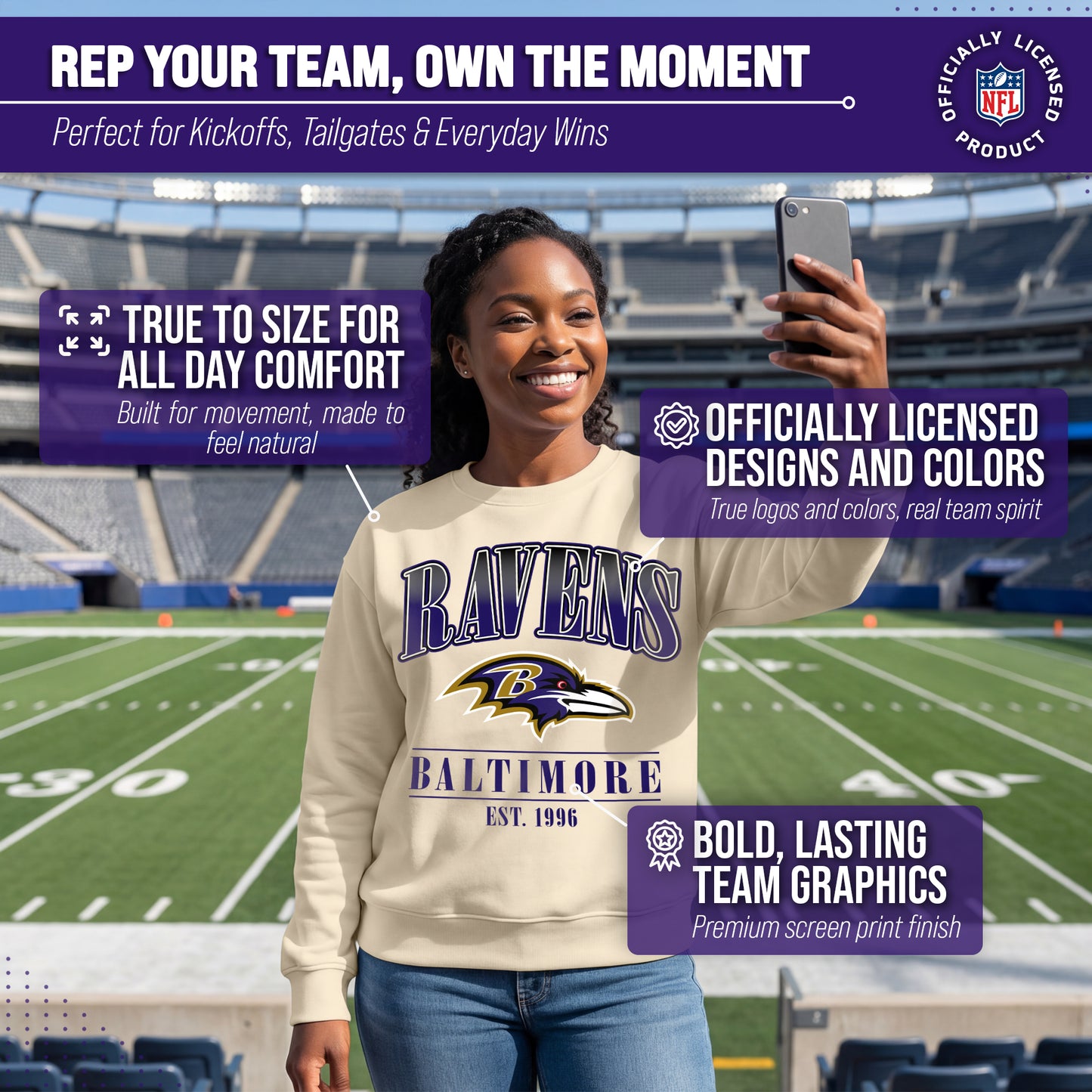 Baltimore Ravens Womens NFL Starstruck Crewneck Pullover - Cream