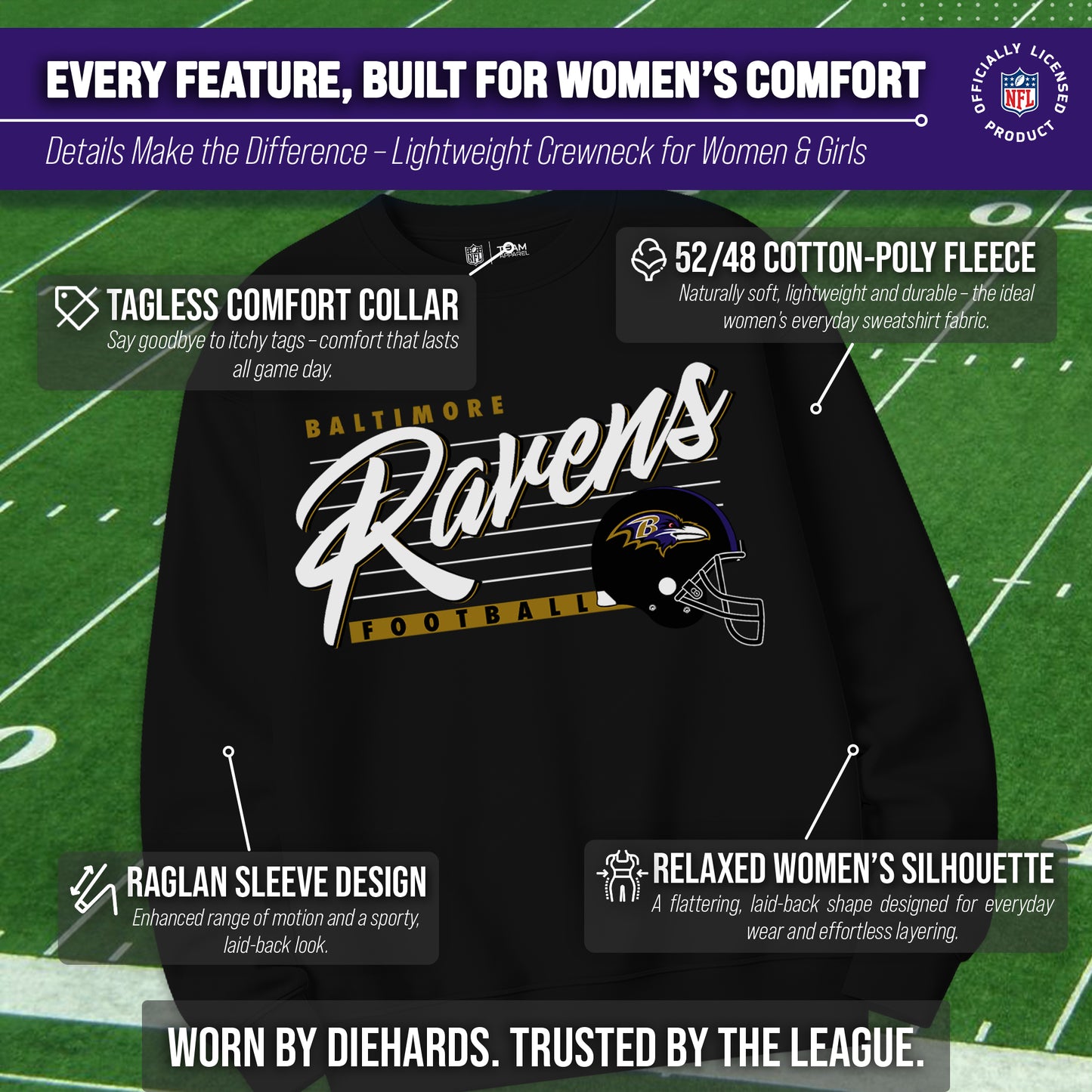 Baltimore Ravens Womens NFL Scrimmage Line Crewneck Pullover - Black