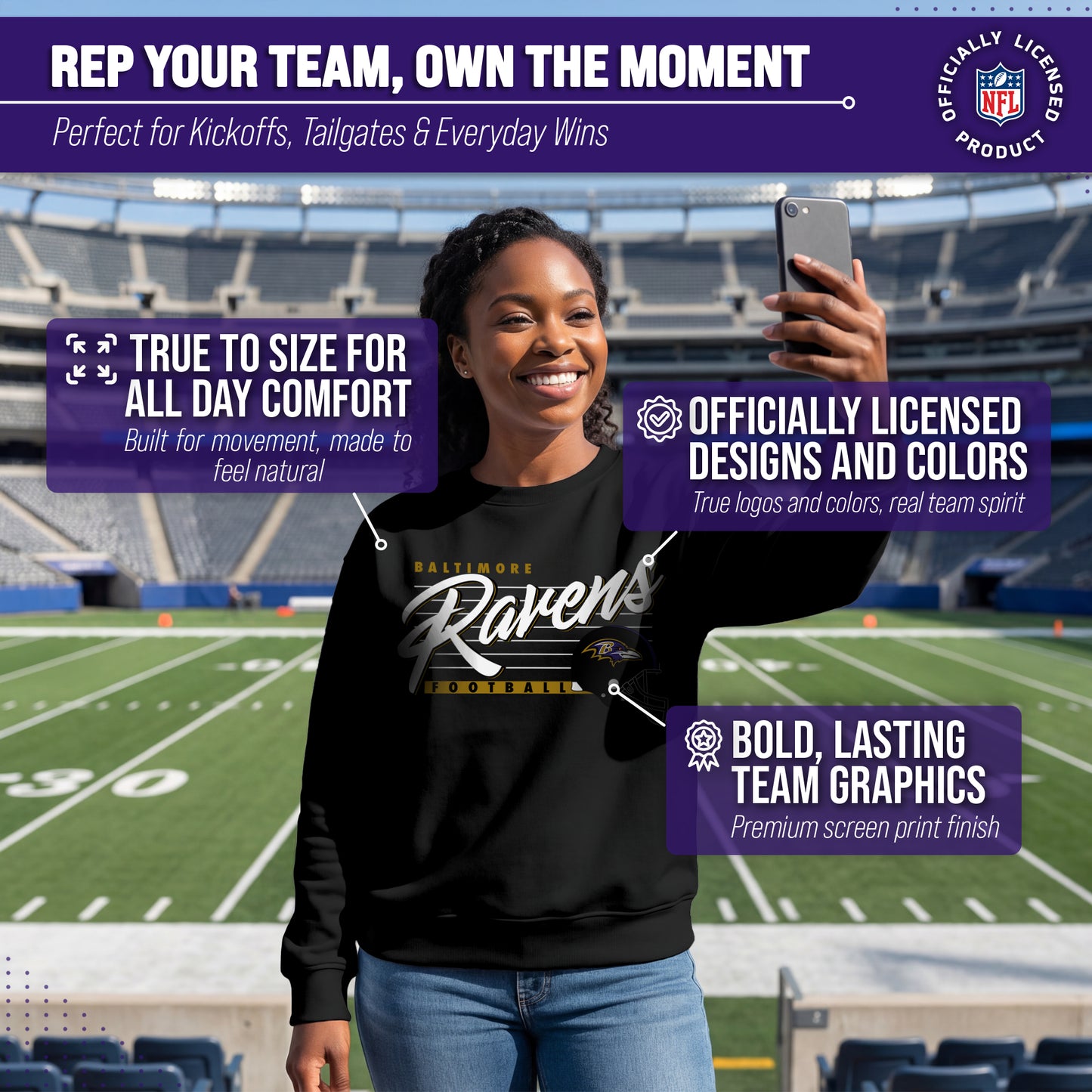 Baltimore Ravens Womens NFL Scrimmage Line Crewneck Pullover - Black