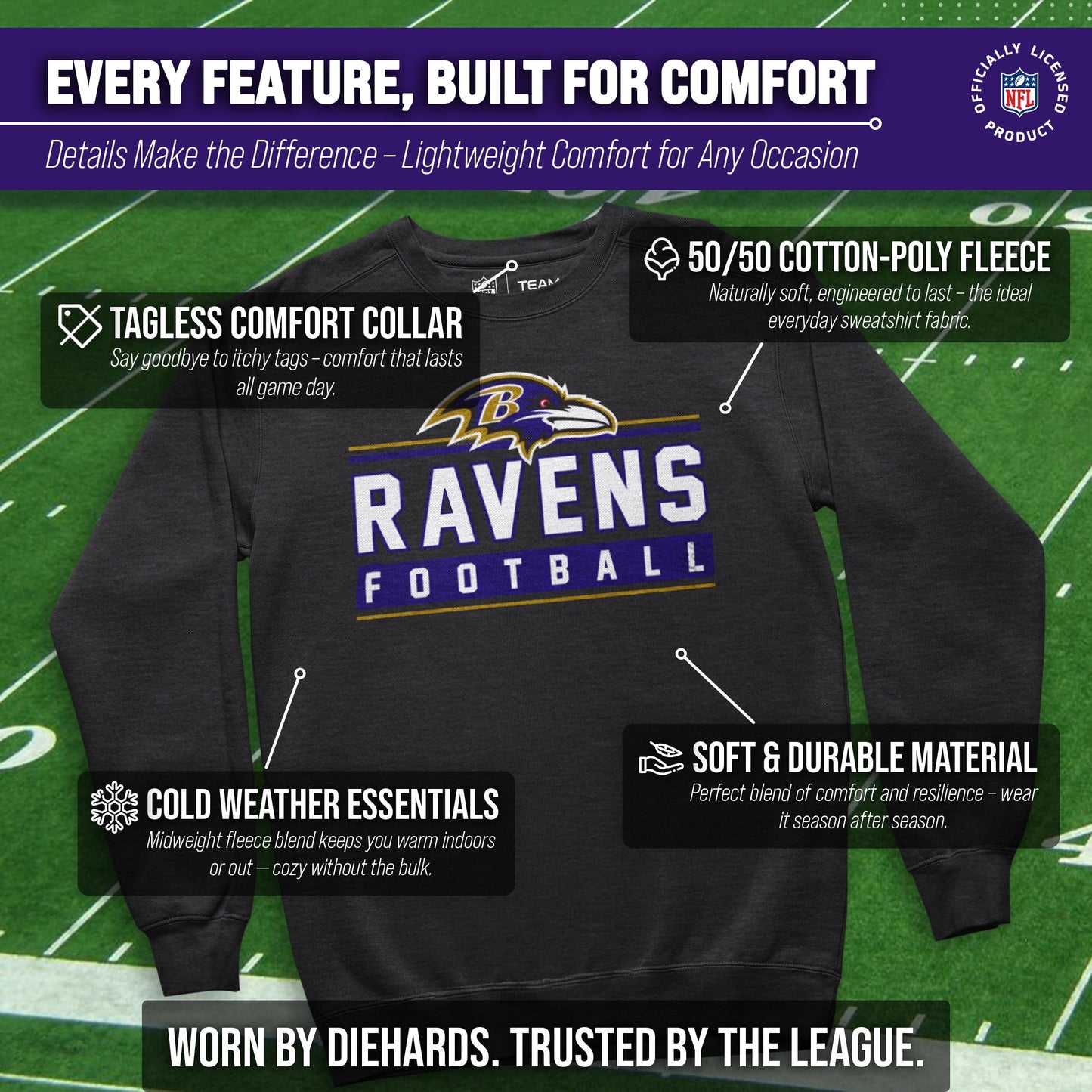 Baltimore Ravens NFL Adult True Fan Crewneck Sweatshirt - Charcoal