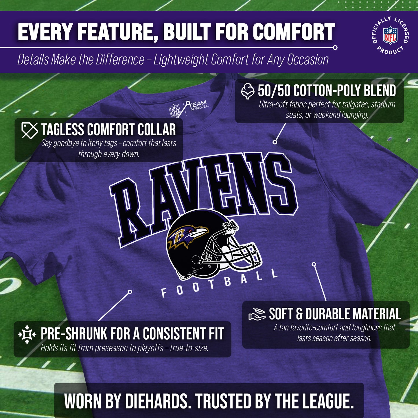 Baltimore Ravens NFL Adult All Star Heather Tag-Less T-Shirt - Purple Heather
