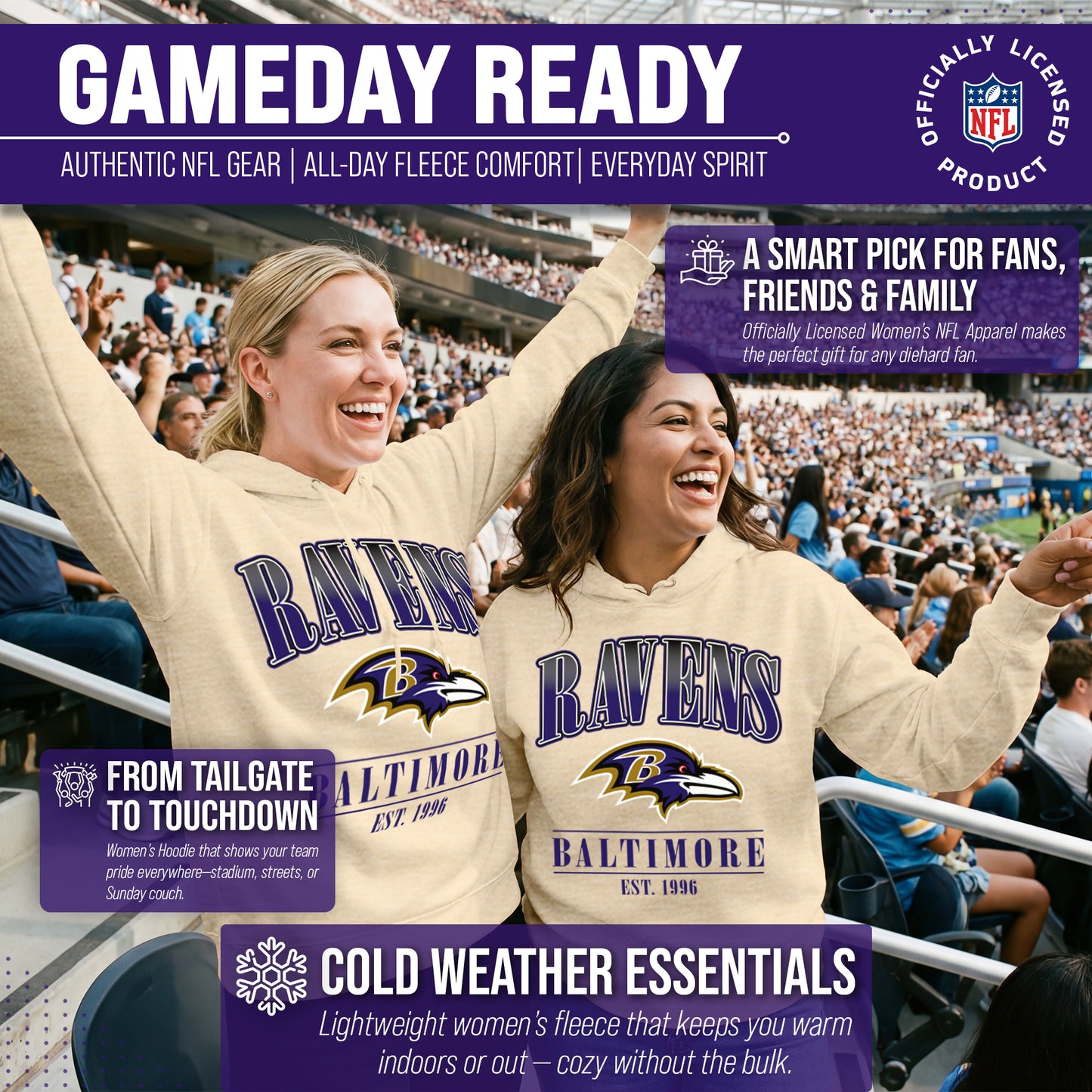 Baltimore Ravens Ladies NFL Starstruck Fleece Pullover Hooded Sweatshirt - Cream