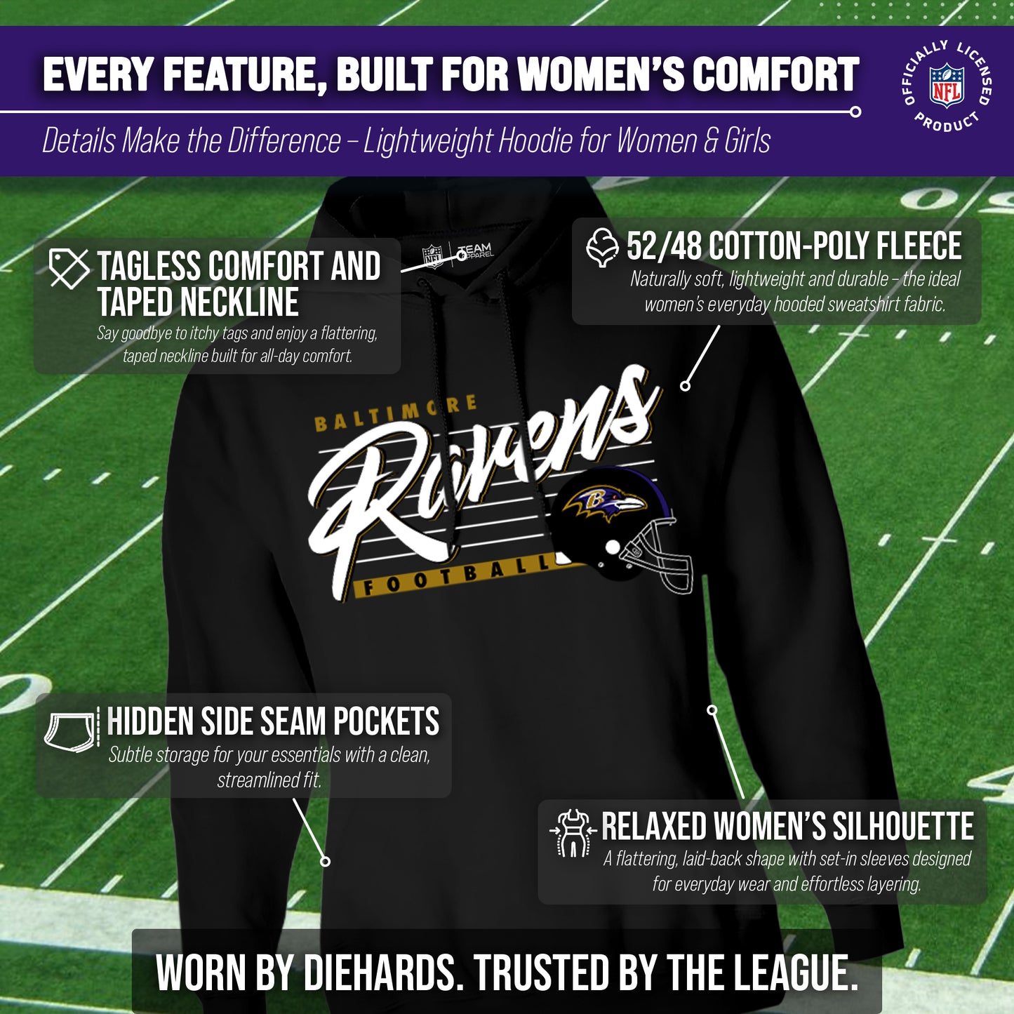Baltimore Ravens Ladies NFL Scrimmage Line Fleece Pullover Hooded Sweatshirt - Black