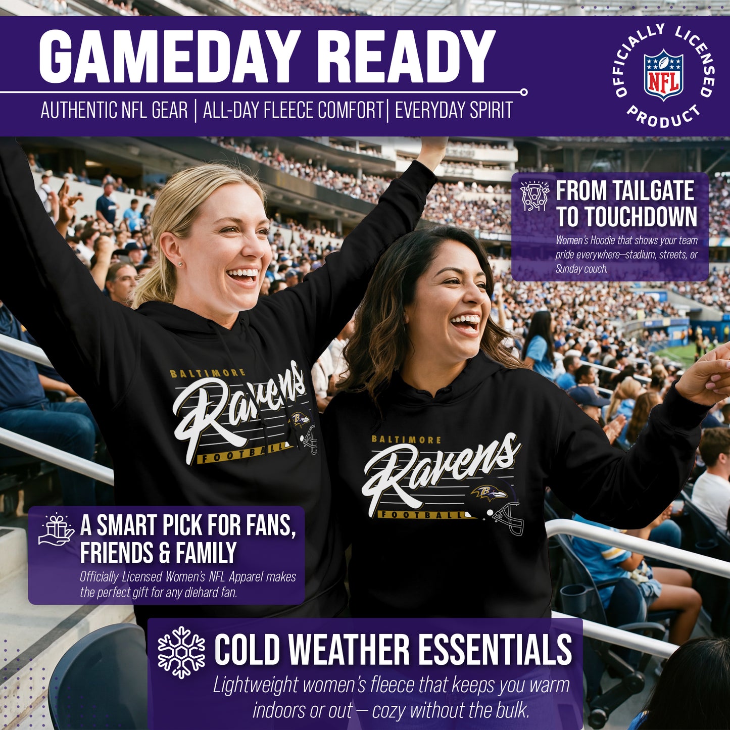 Baltimore Ravens Ladies NFL Scrimmage Line Fleece Pullover Hooded Sweatshirt - Black
