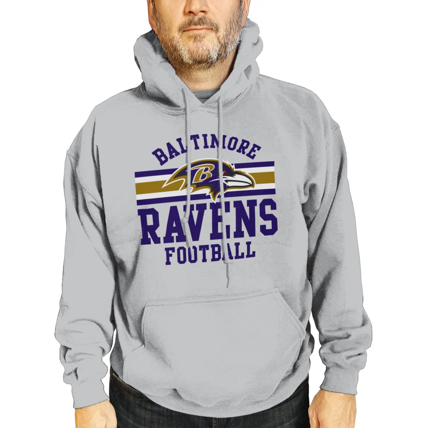 Baltimore Ravens NFL Team Stripe Hooded Sweatshirt- Soft Pullover Sports Hoodie For Men & Women - Sport Gray