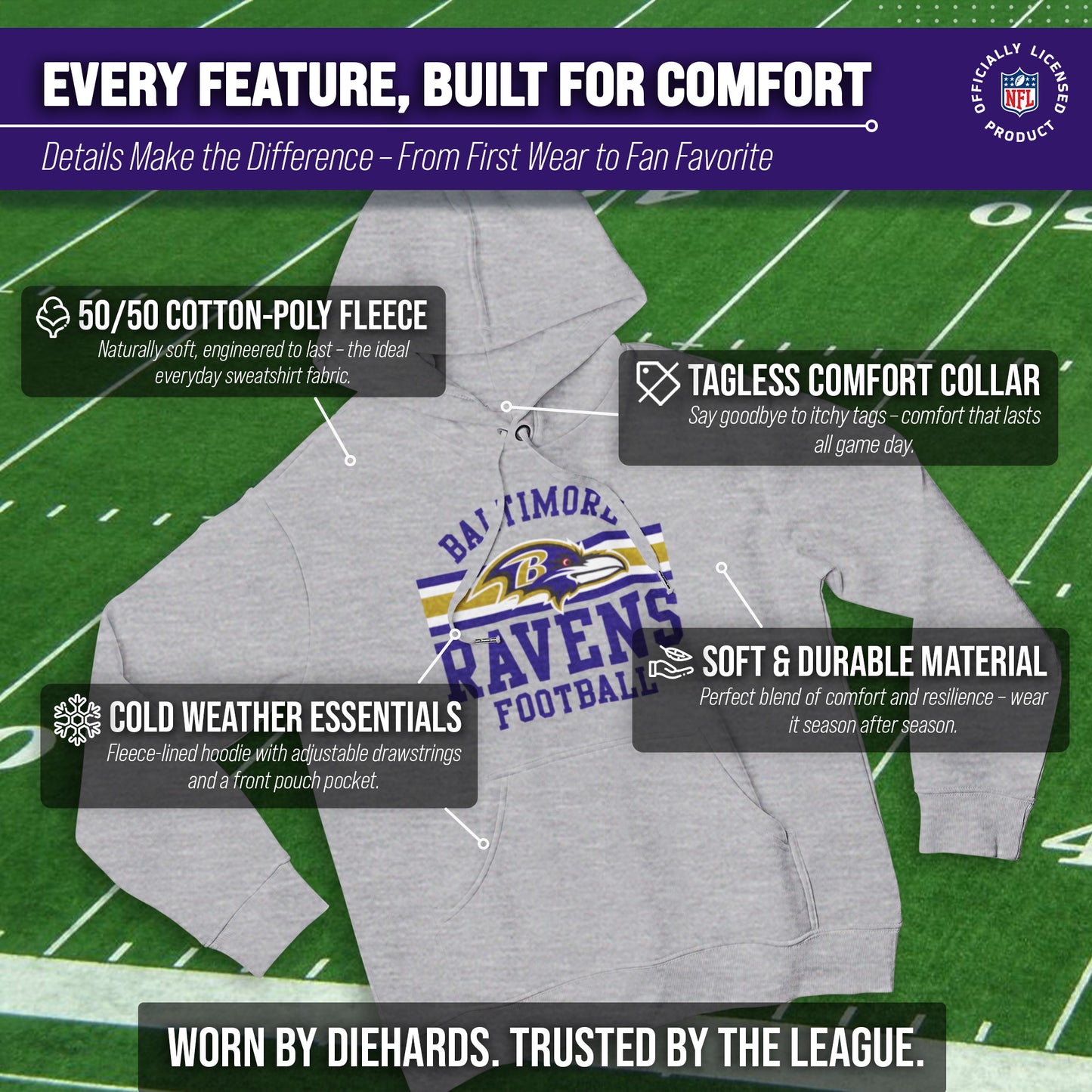 Baltimore Ravens NFL Team Stripe Hooded Sweatshirt- Soft Pullover Sports Hoodie For Men & Women - Sport Gray