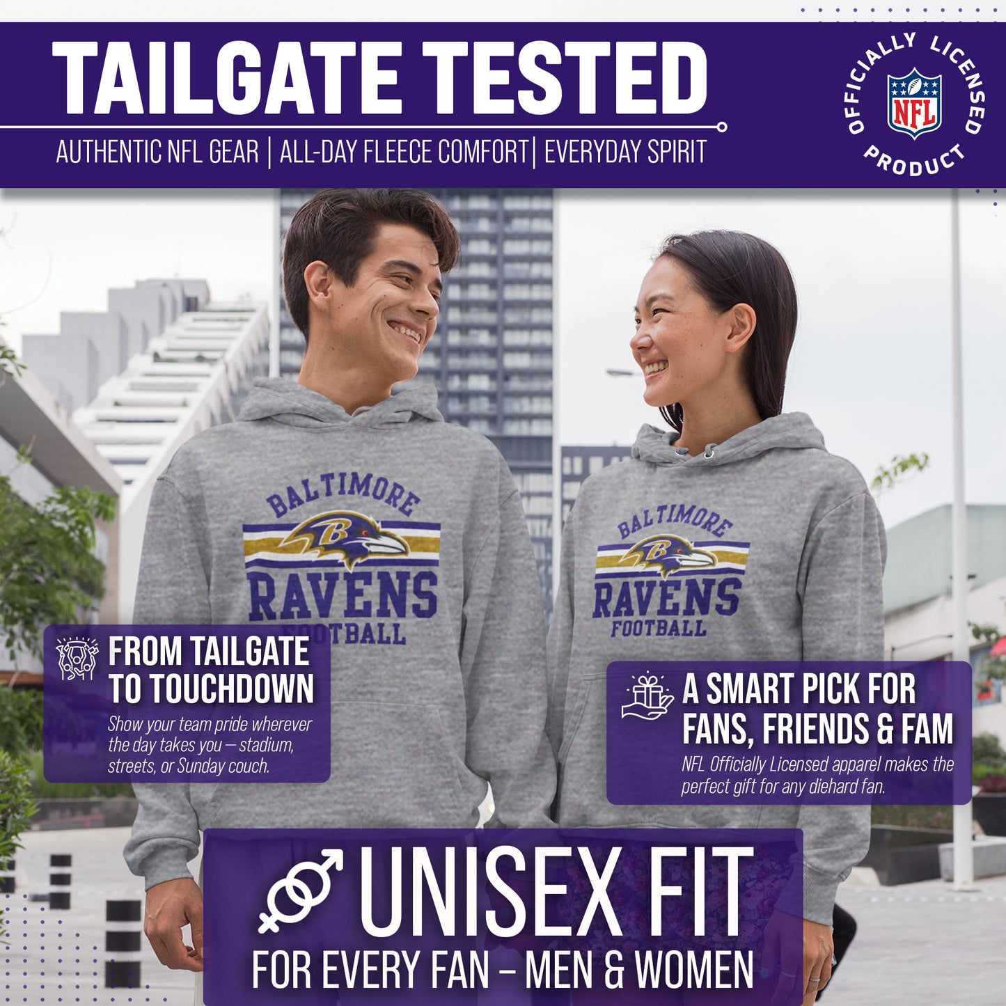 Baltimore Ravens NFL Team Stripe Hooded Sweatshirt- Soft Pullover Sports Hoodie For Men & Women - Sport Gray