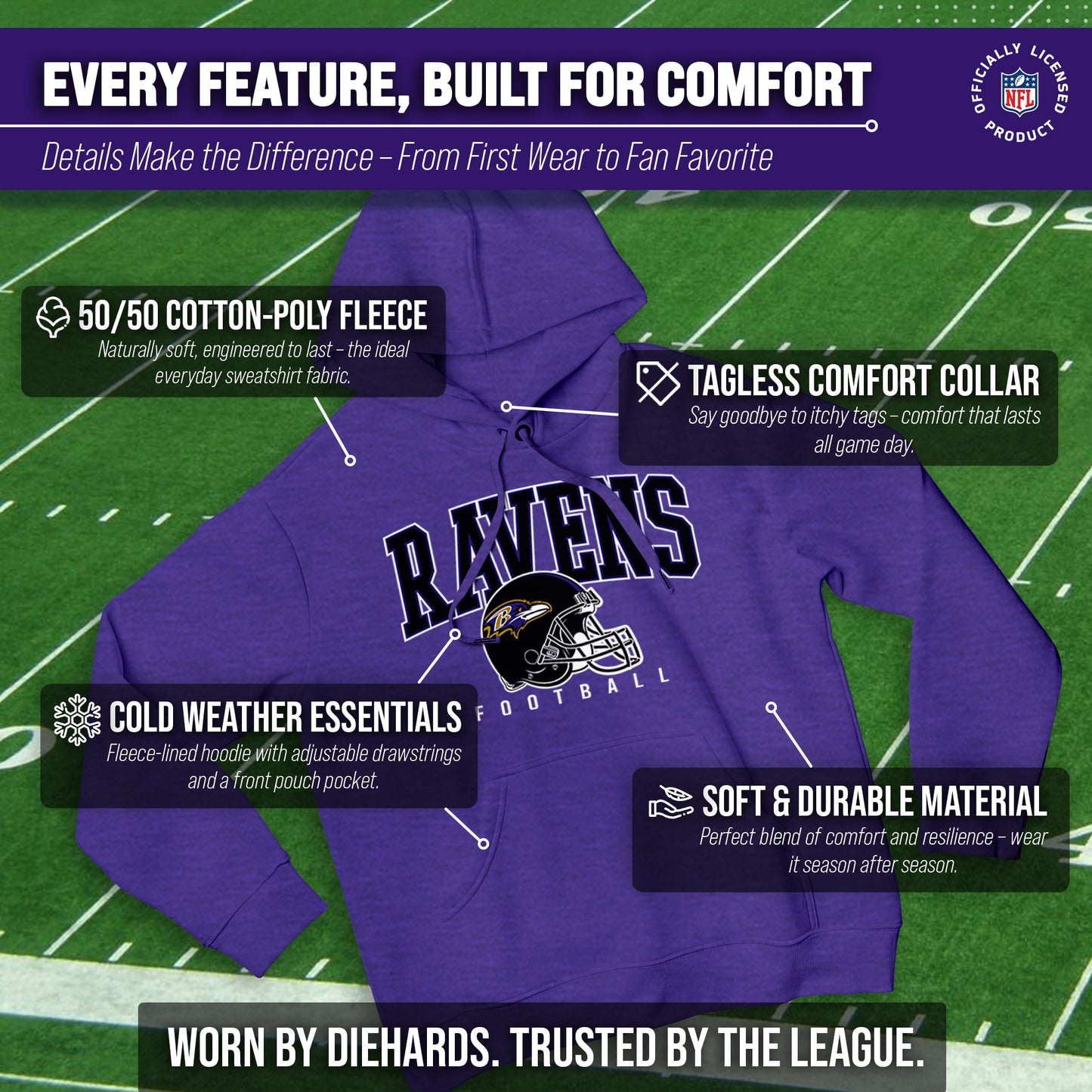 Baltimore Ravens NFL Adult Unisex All Star Soft Fleece Hooded Sweatshirt - Purple Heather
