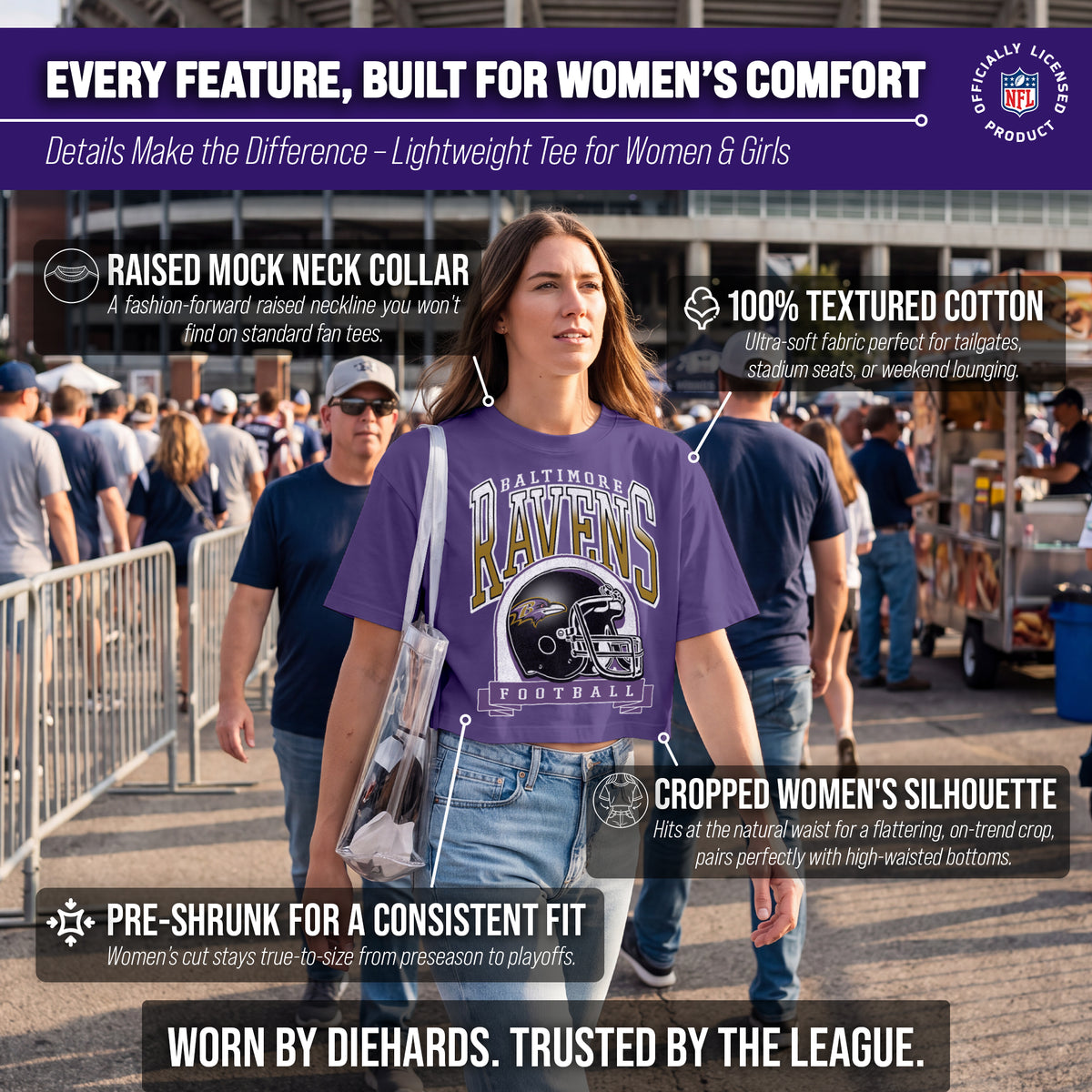 Baltimore Ravens  Women's Franchise Helmet Crop T-Shirt Mock Neck - Purple