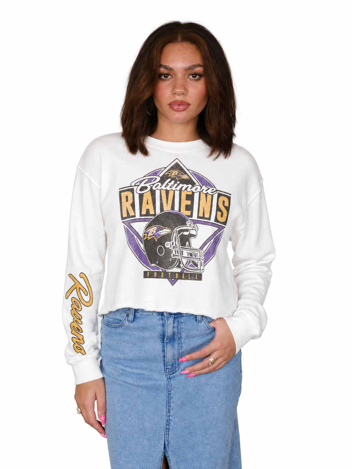 Baltimore Ravens  Women's Franchise Helmet Cut Crop Crewneck - White