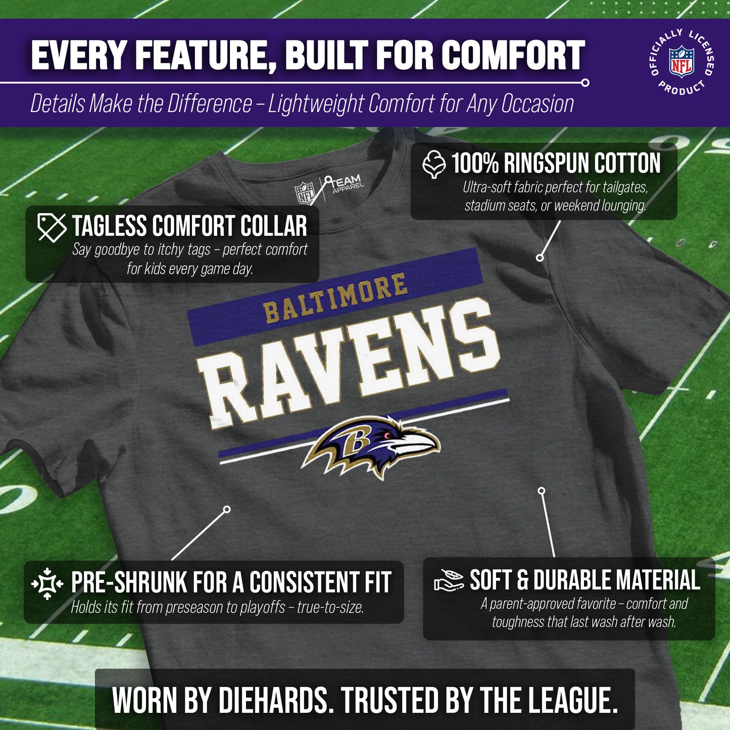 Baltimore Ravens NFL Youth Short Sleeve Charcoal T Shirt - Charcoal