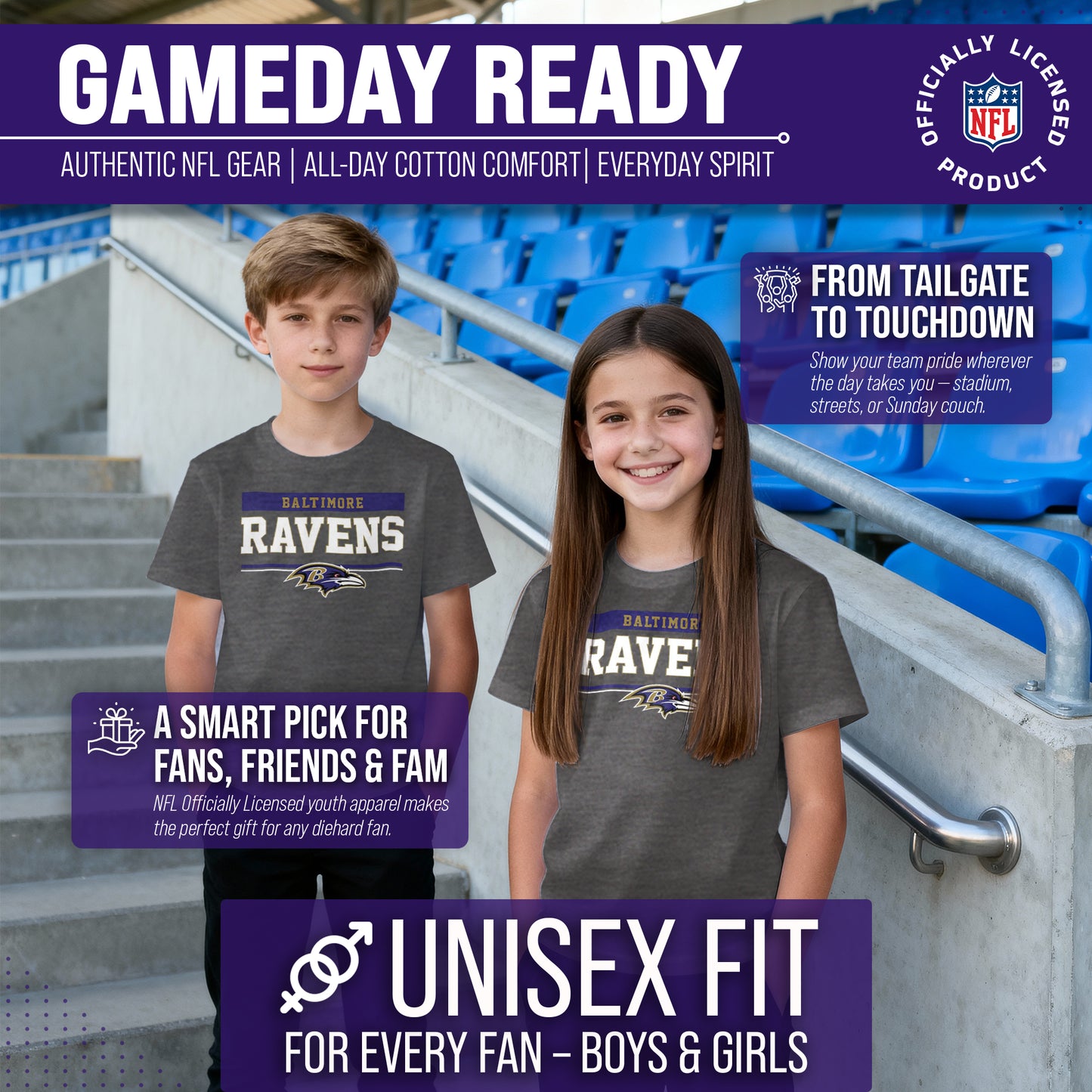 Baltimore Ravens NFL Youth Short Sleeve Charcoal T Shirt - Charcoal