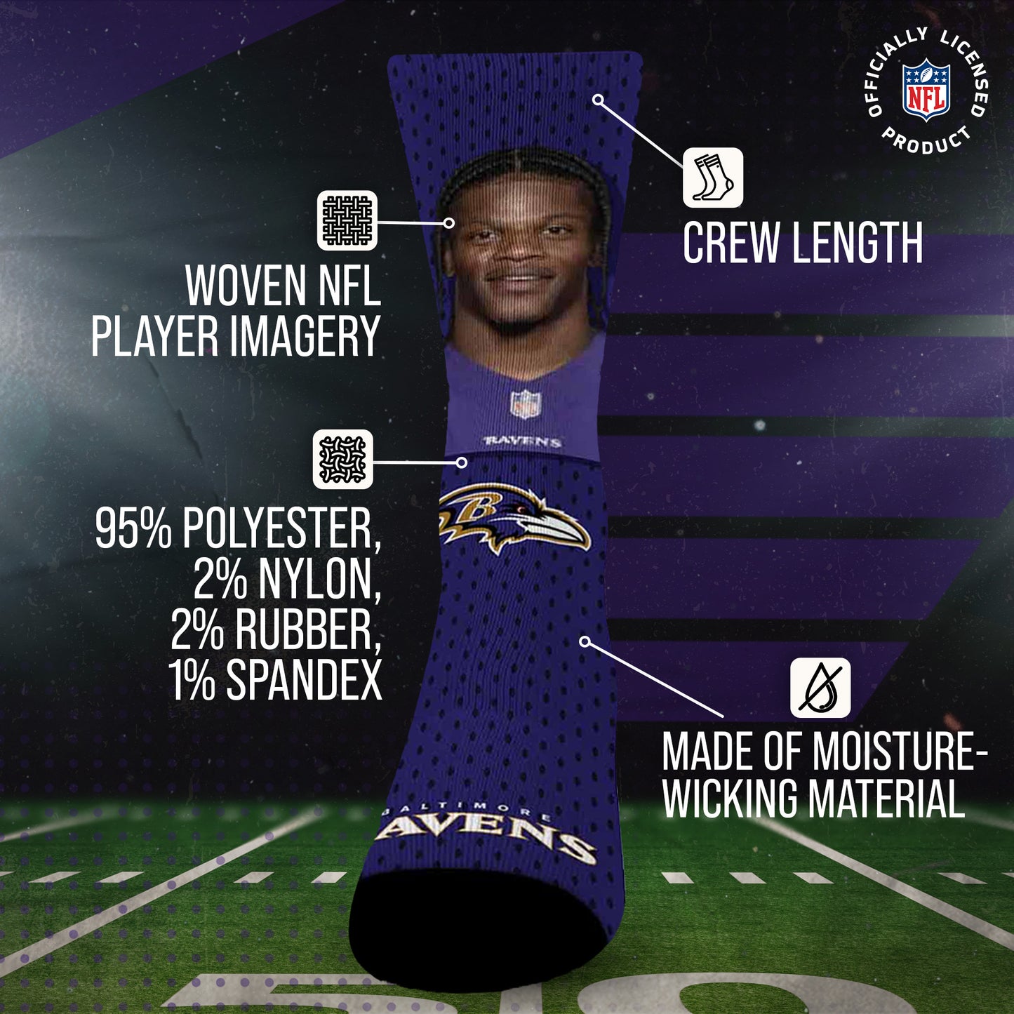 Baltimore Ravens NFL Youth Roster Player Crew Socks - Purple