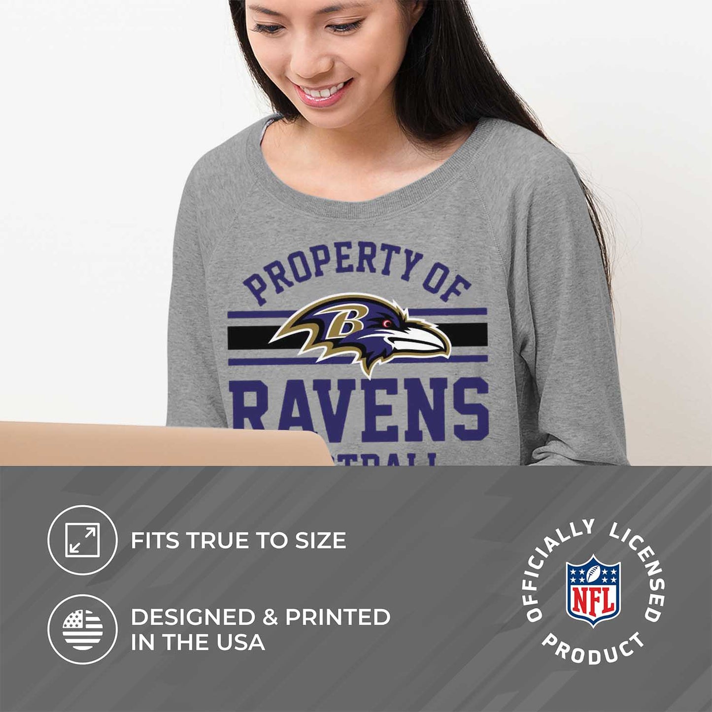 Baltimore Ravens NFL Womens Property of Lighweight Crew Neck - Sport Gray