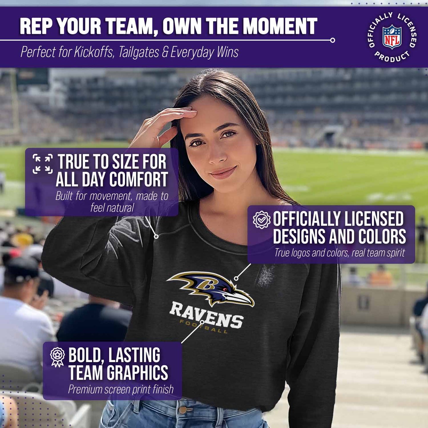 Baltimore Ravens NFL Womens Ultimate Fan French Terry Slouchy Top- Raglan Sleeves - Charcoal