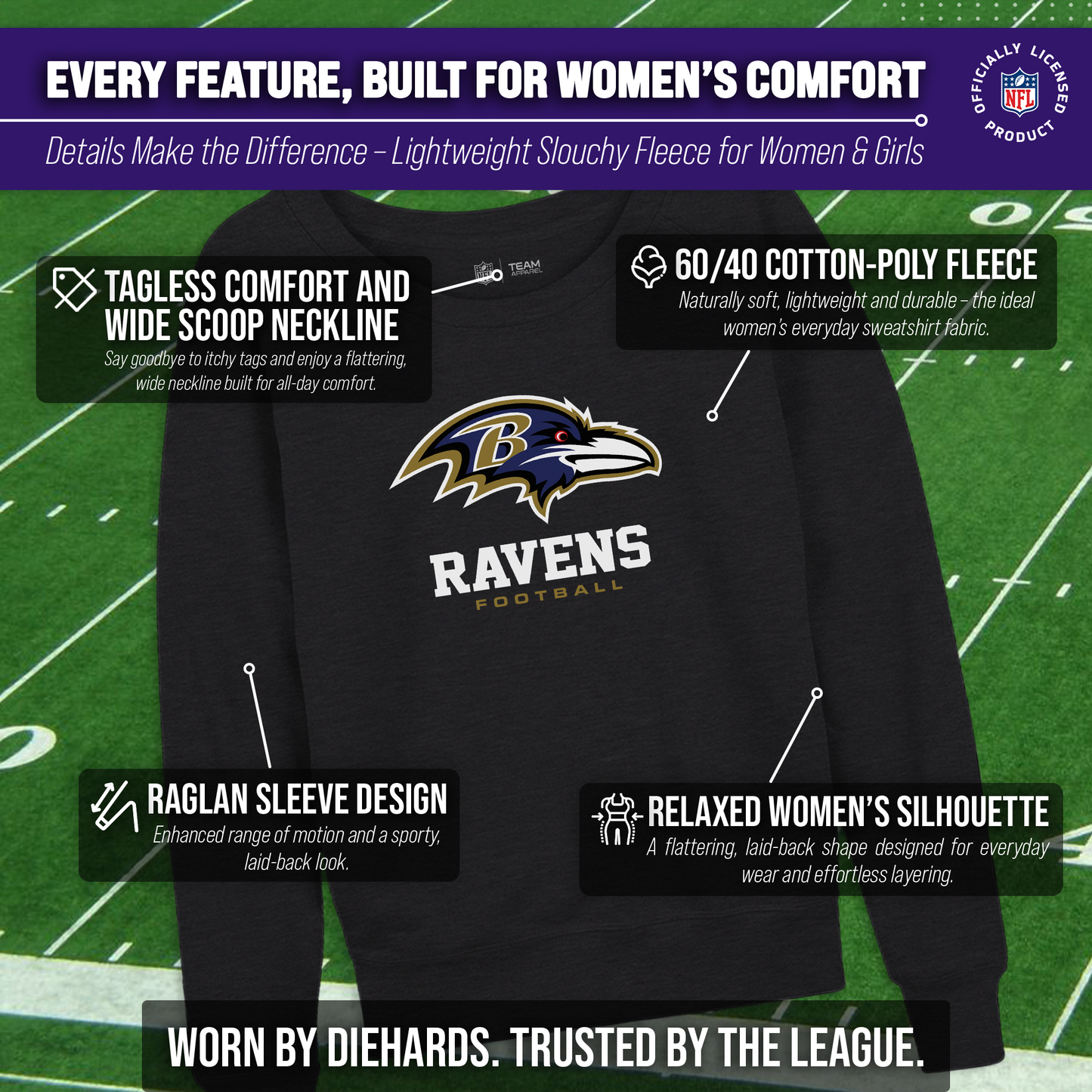 Baltimore Ravens NFL Womens Ultimate Fan French Terry Slouchy Top- Raglan Sleeves - Charcoal