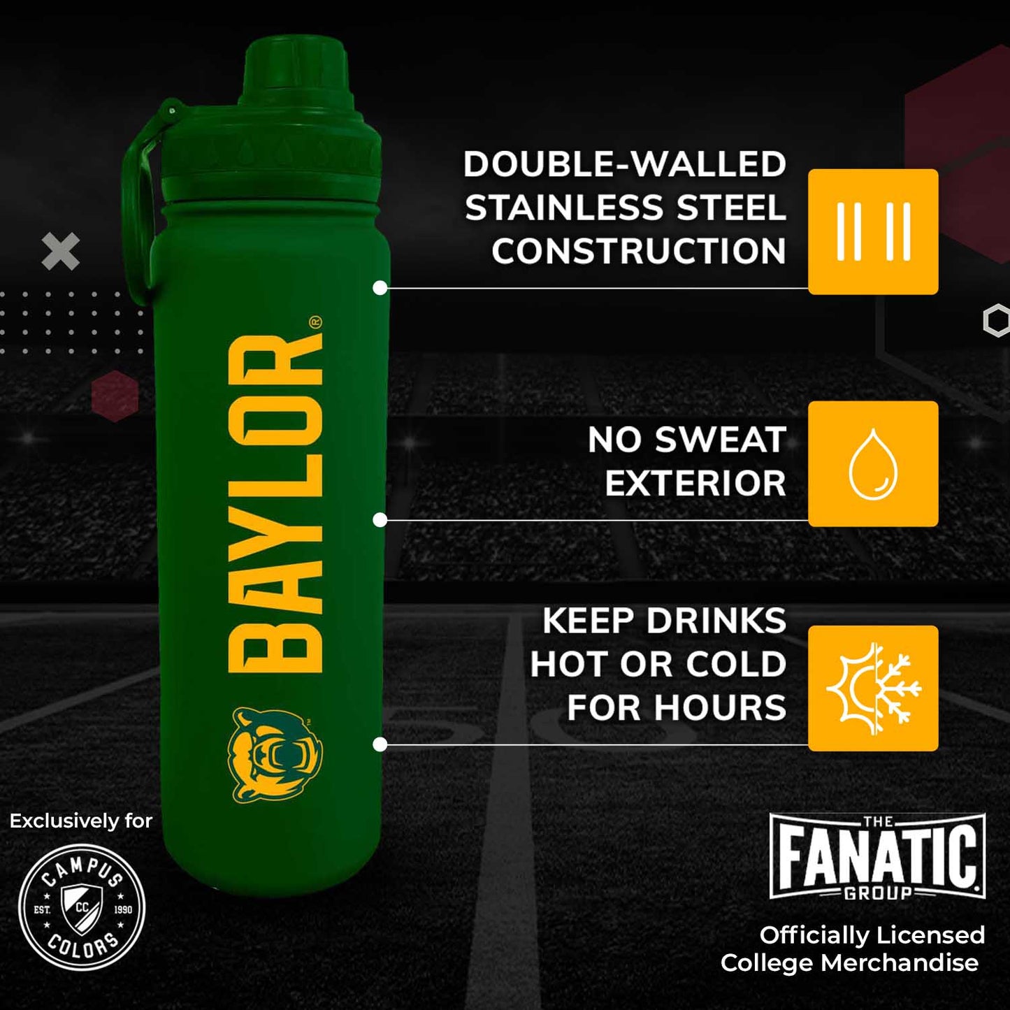 Baylor Bears NCAA Stainless Steel Water Bottle - Green
