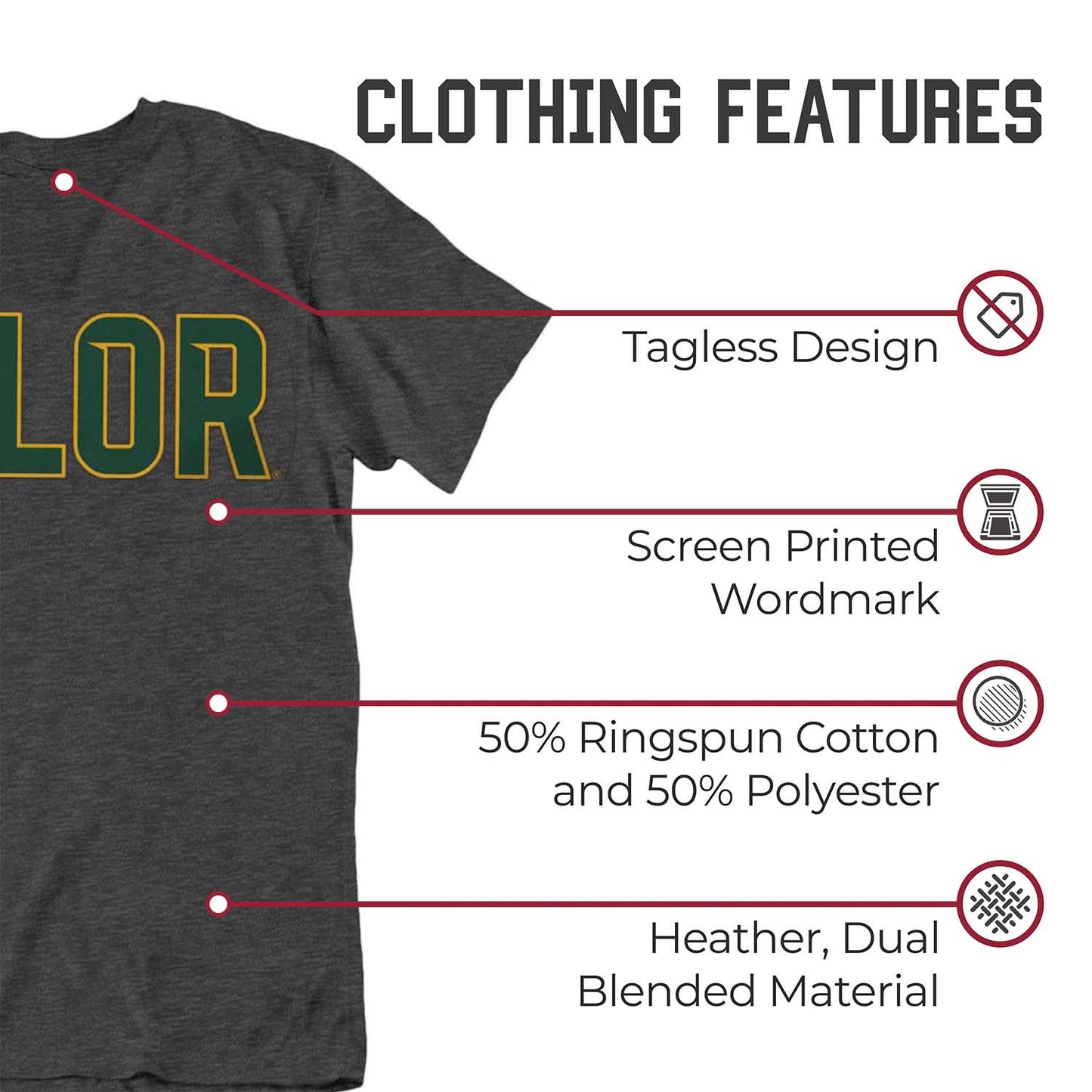Baylor Bears Campus Colors NCAA Adult Cotton Blend Charcoal Tagless T-Shirt - Charcoal