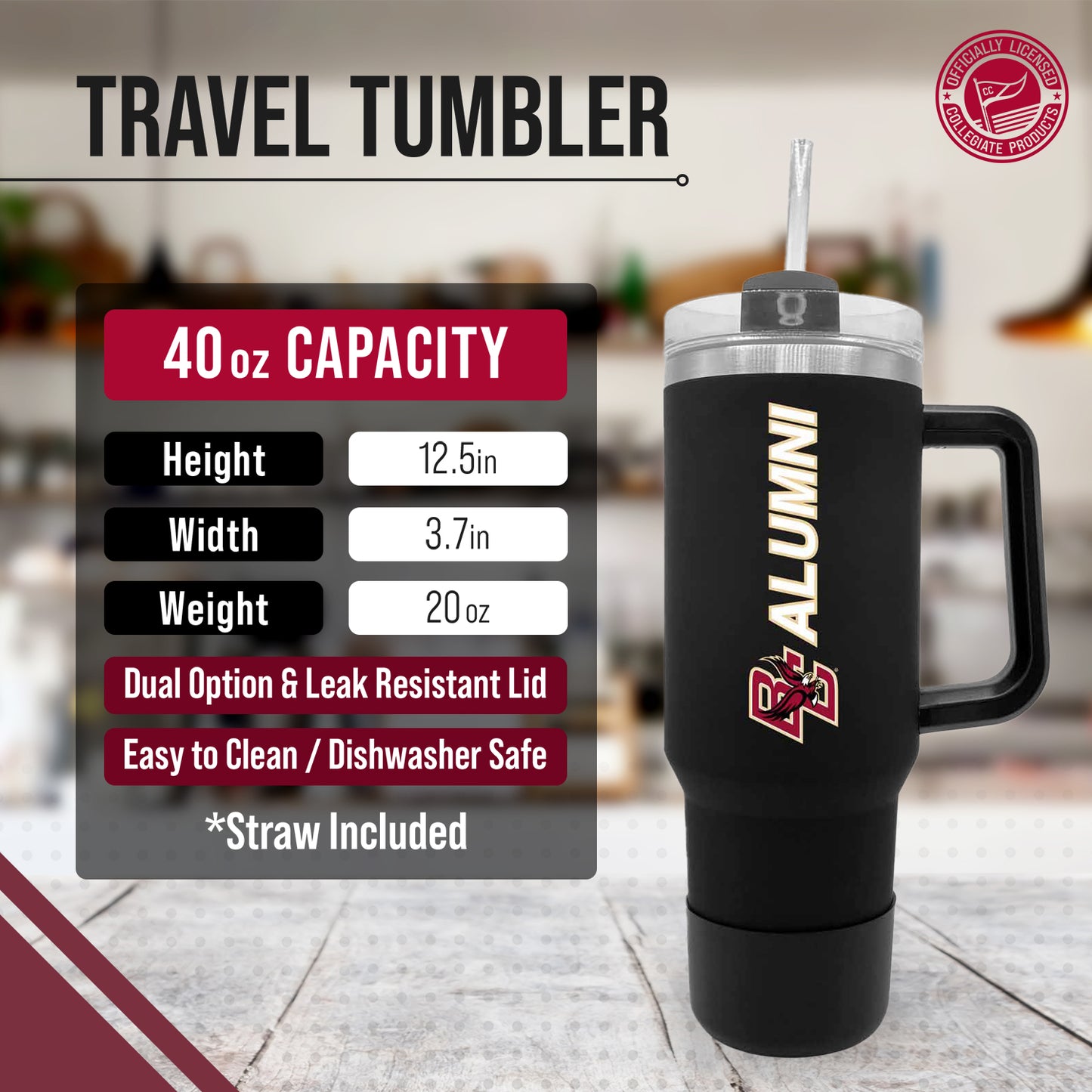 Boston College Eagles Collegiate 40oz Stainless Steel Travel Tumbler with Handle for Alumni - Black