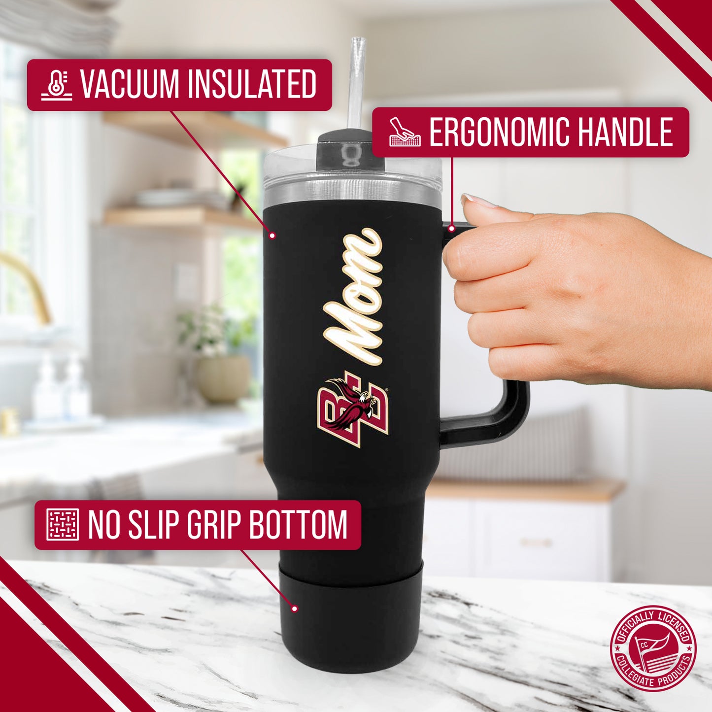 Boston College Eagles Collegiate 40oz Stainless Steel Travel Tumbler with Handle for Mom - Black
