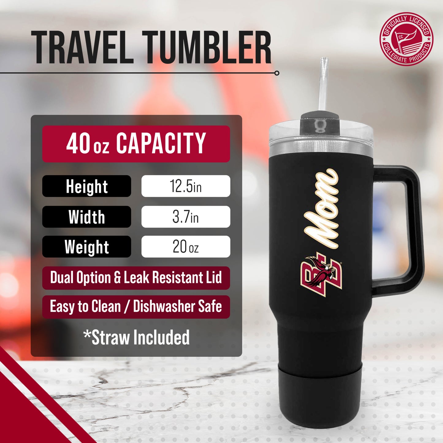 Boston College Eagles Collegiate 40oz Stainless Steel Travel Tumbler with Handle for Mom - Black