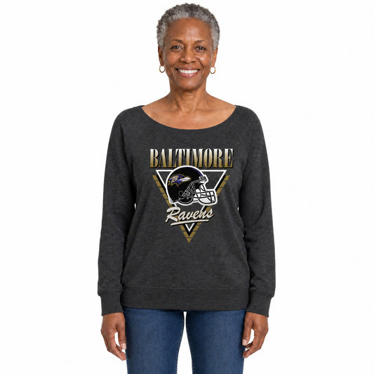 Baltimore Ravens  Women's NFL Retro Triangle French Terry Crewneck Top - Heather Charcoal