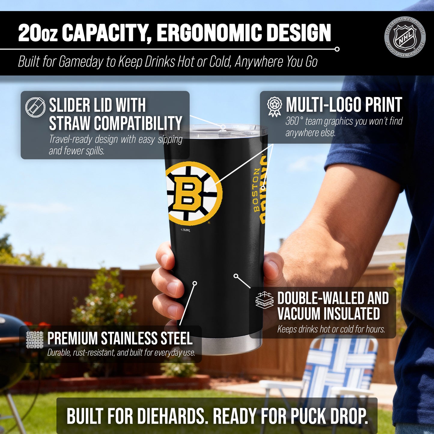 Boston  Bruins NHL Hockey 20oz Stainless Steel Vacuum Insulated Game Day Tumbler with Silicone Grip - Black