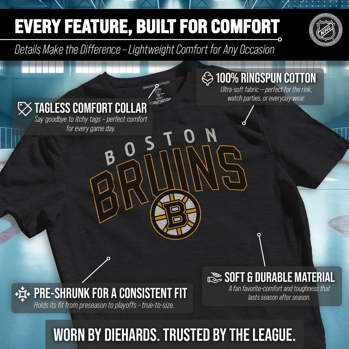 Boston  Bruins NHL Adult Powerplay Heathered Unisex T-Shirt - Black Heather
