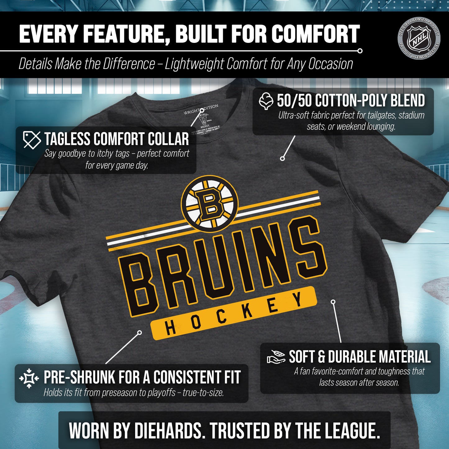 Boston  Bruins Adult NHL Heather Charcoal True Fan Hockey T-Shirt - Charcoal
