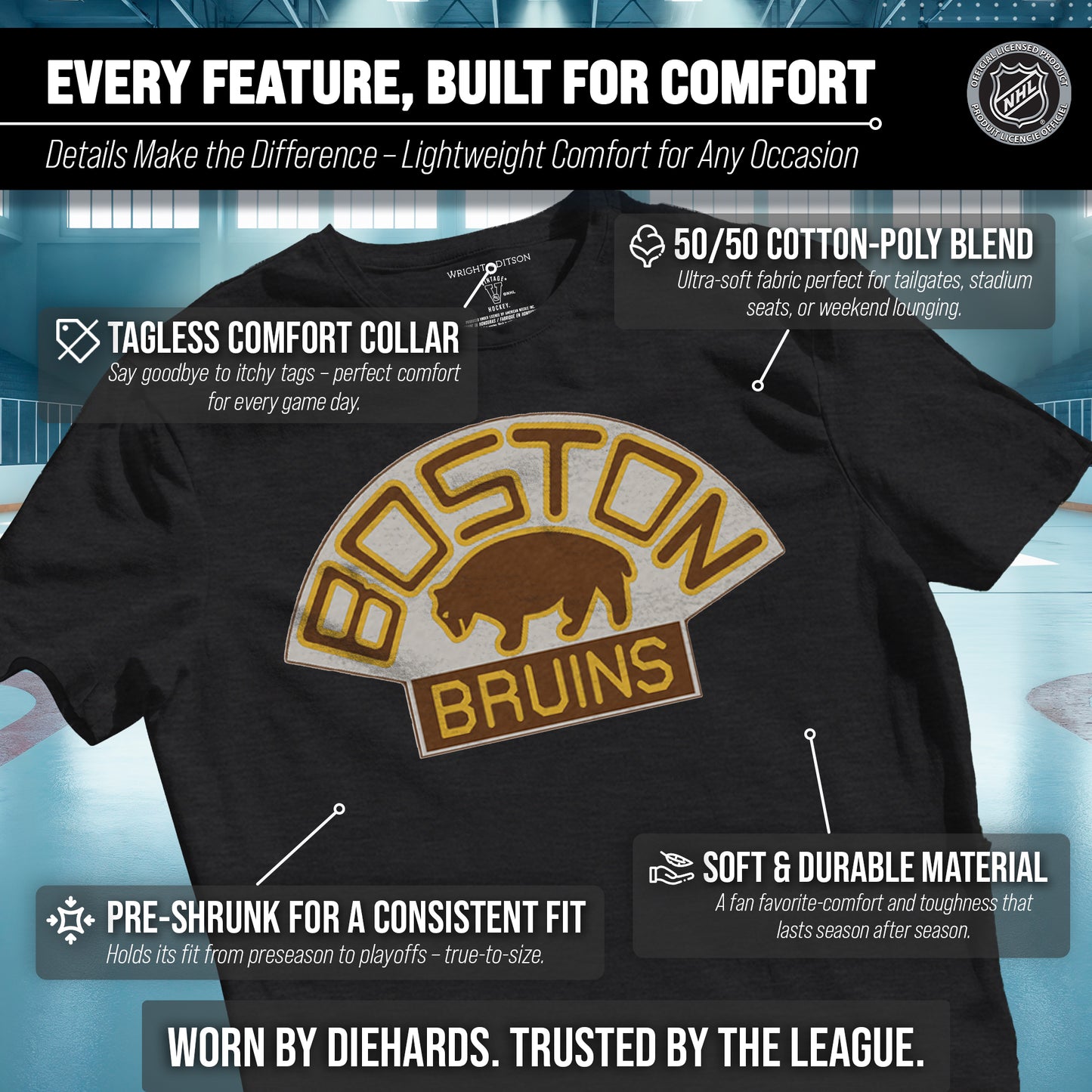 Boston  Bruins NHL Adult Retro Logo Tag-Less T-Shirt - Black Heather