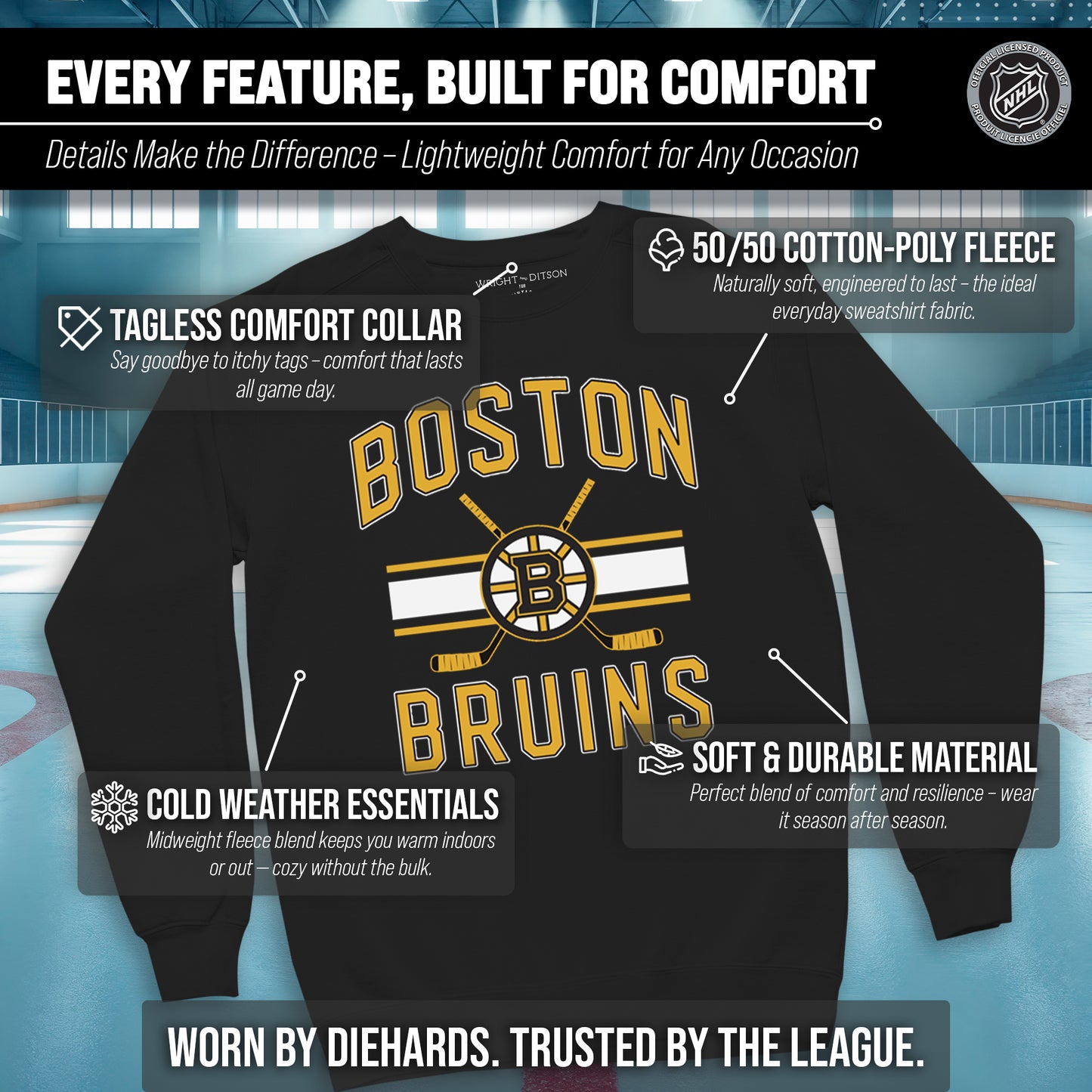 Boston  Bruins Adult NHL Faceoff Hockey Fleece Crewneck Sweatshirt - Black