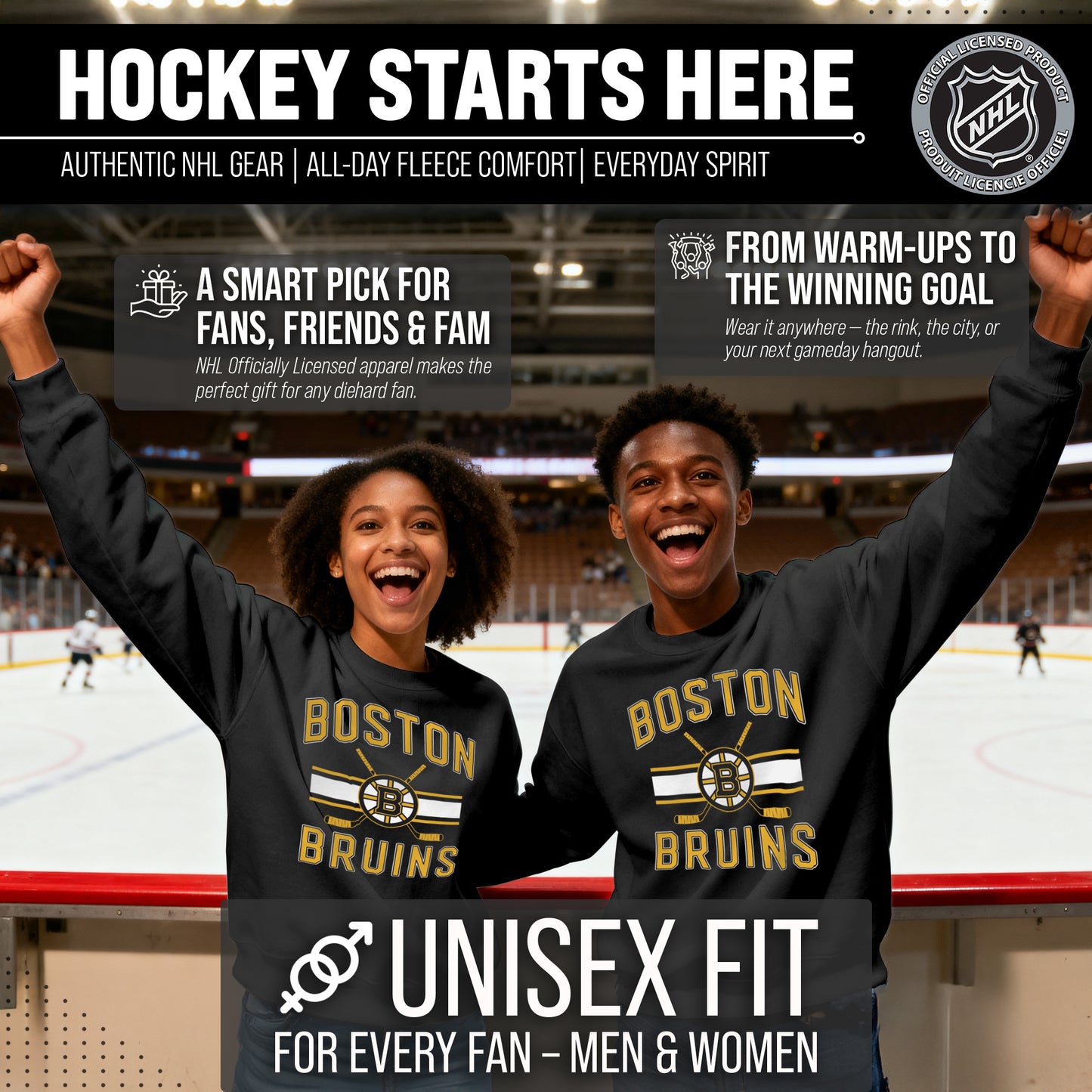 Boston  Bruins Adult NHL Faceoff Hockey Fleece Crewneck Sweatshirt - Black