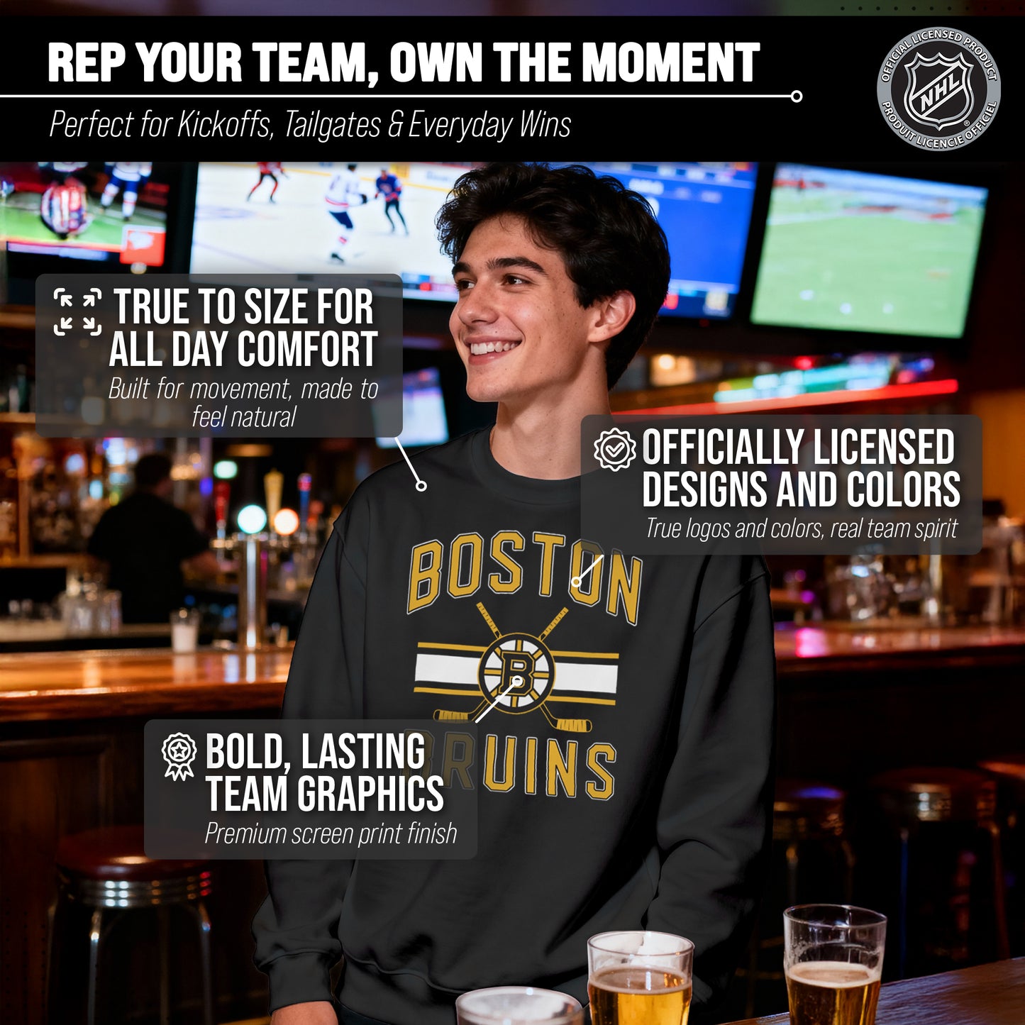 Boston  Bruins Adult NHL Faceoff Hockey Fleece Crewneck Sweatshirt - Black