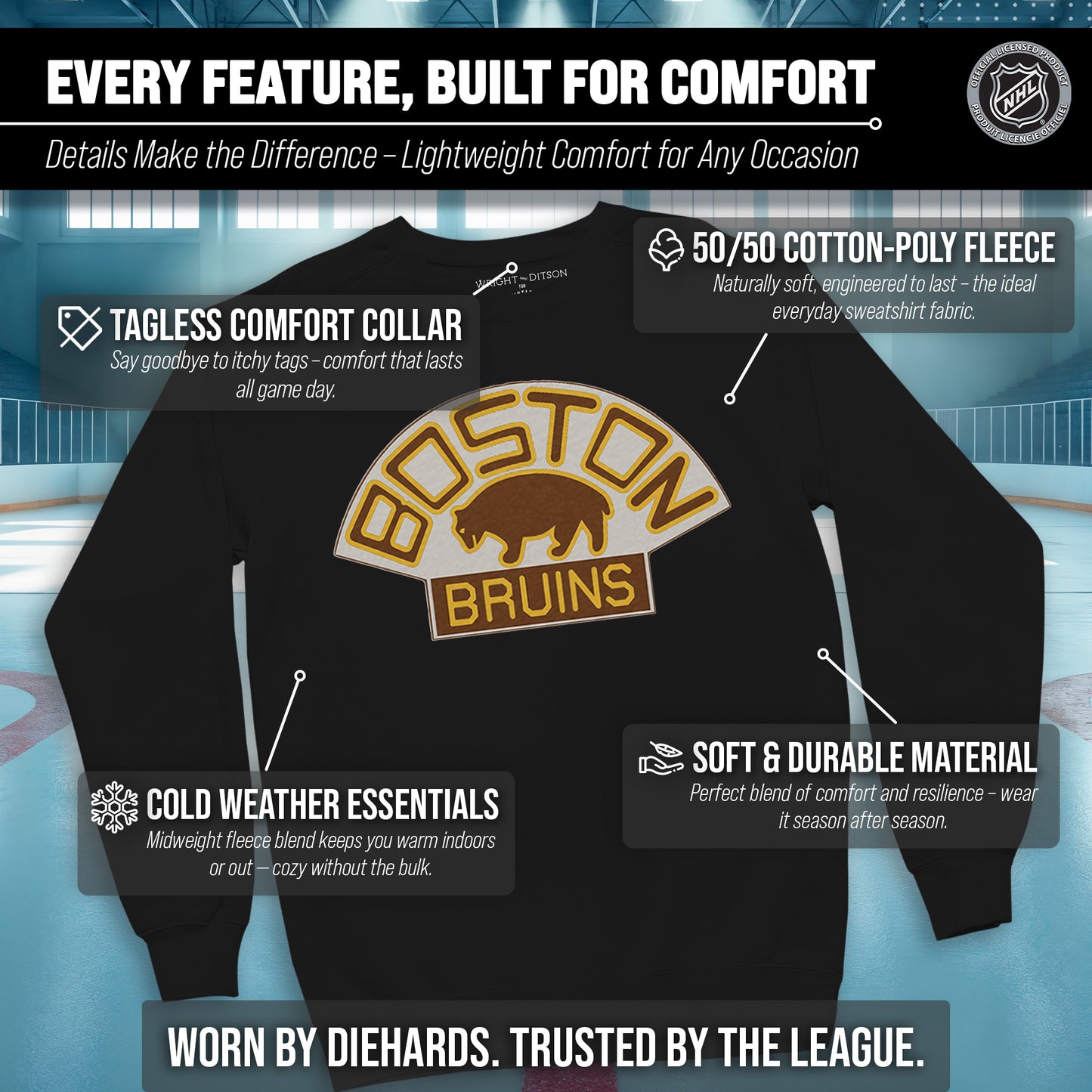 Boston  Bruins Adult NHL Retro Logo Hockey Fleece Crewneck Sweatshirt - Black Heather