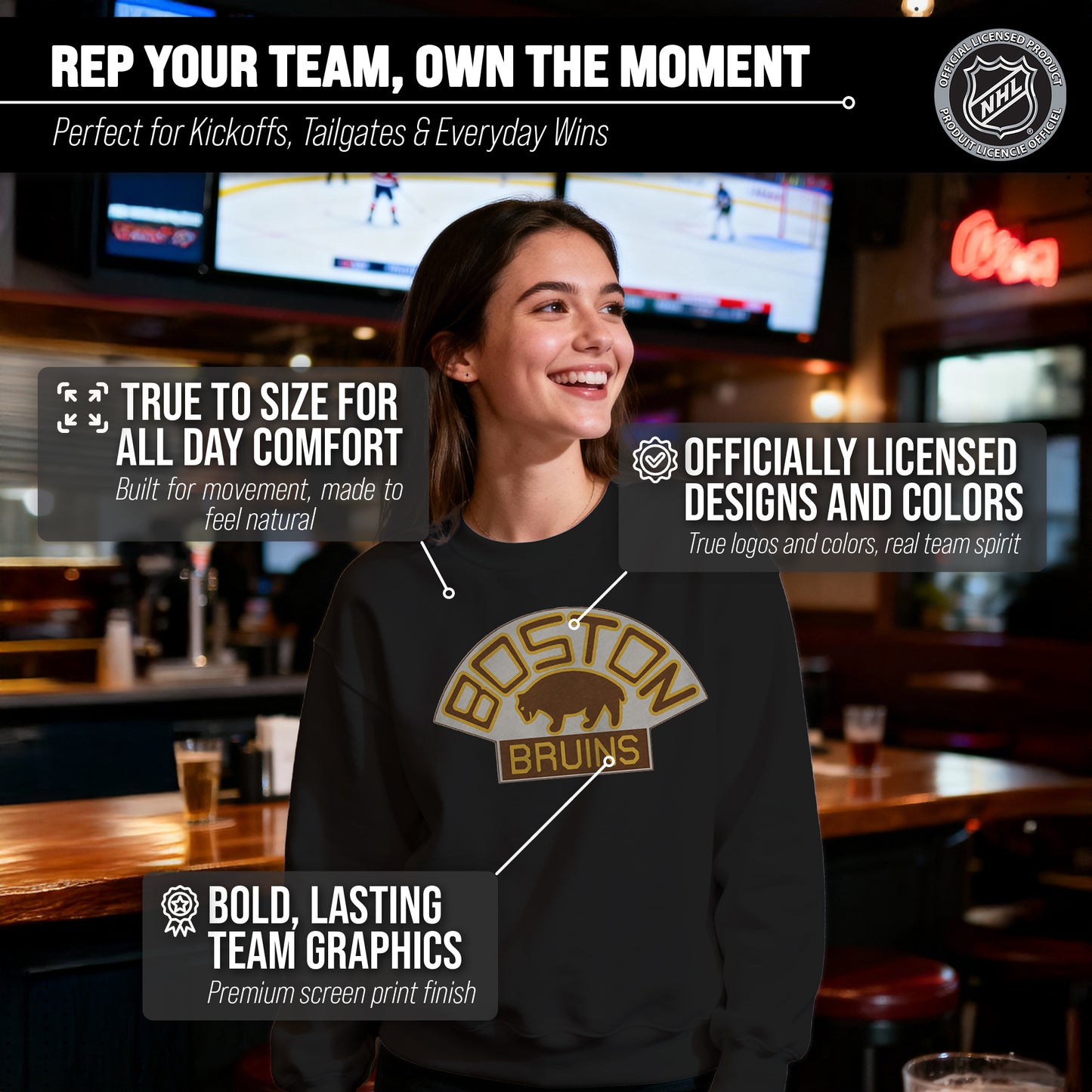 Boston  Bruins Adult NHL Retro Logo Hockey Fleece Crewneck Sweatshirt - Black Heather