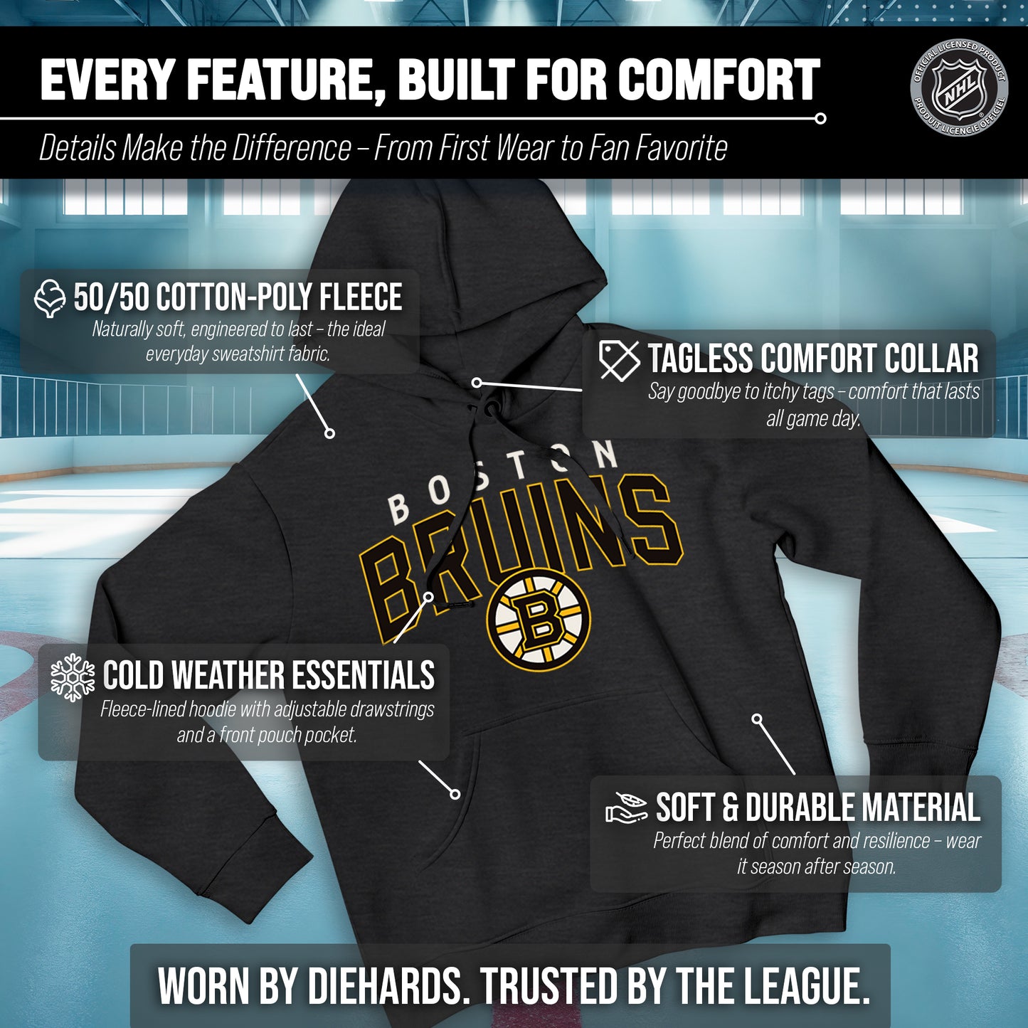Boston  Bruins NHL Adult Unisex Powerplay Hooded Sweatshirt - Black Heather