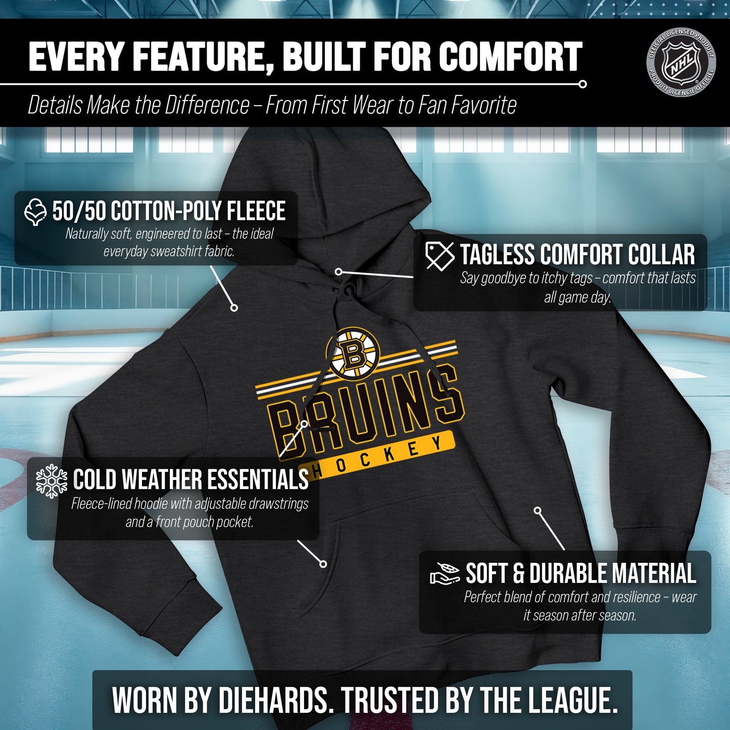 Boston  Bruins NHL Adult Heather Charcoal True Fan Hooded Sweatshirt Unisex - Charcoal