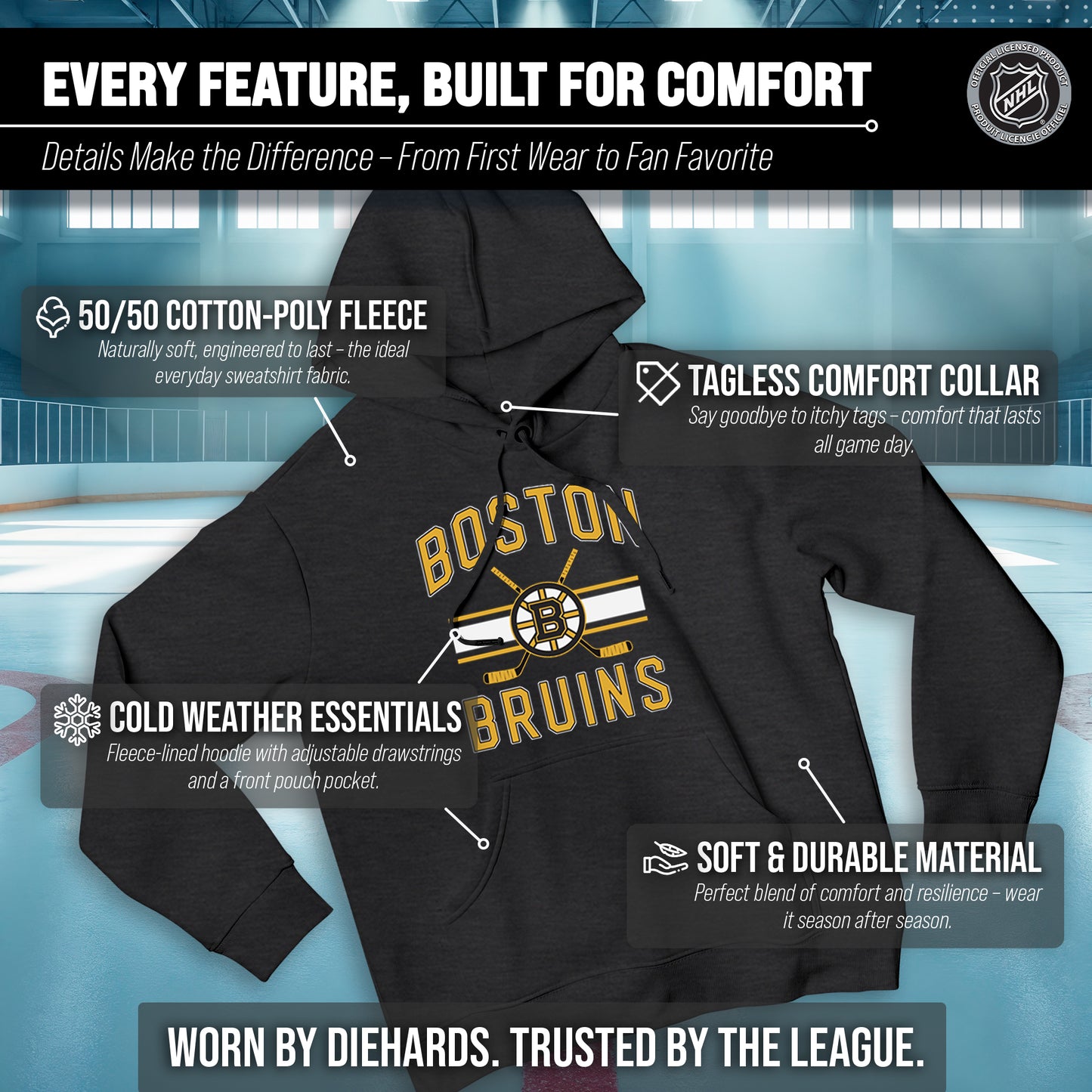 Boston  Bruins Adult NHL Faceoff Hockey Fleece Hooded Sweatshirt- Jersey Stripe - Black