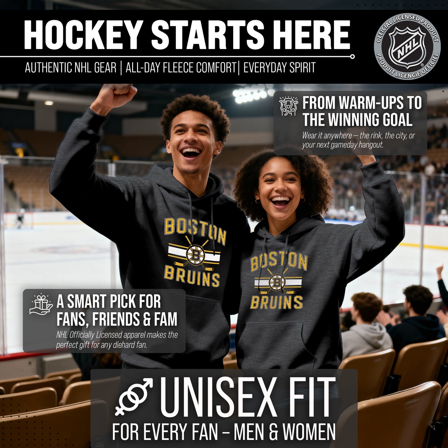 Boston  Bruins Adult NHL Faceoff Hockey Fleece Hooded Sweatshirt- Jersey Stripe - Black