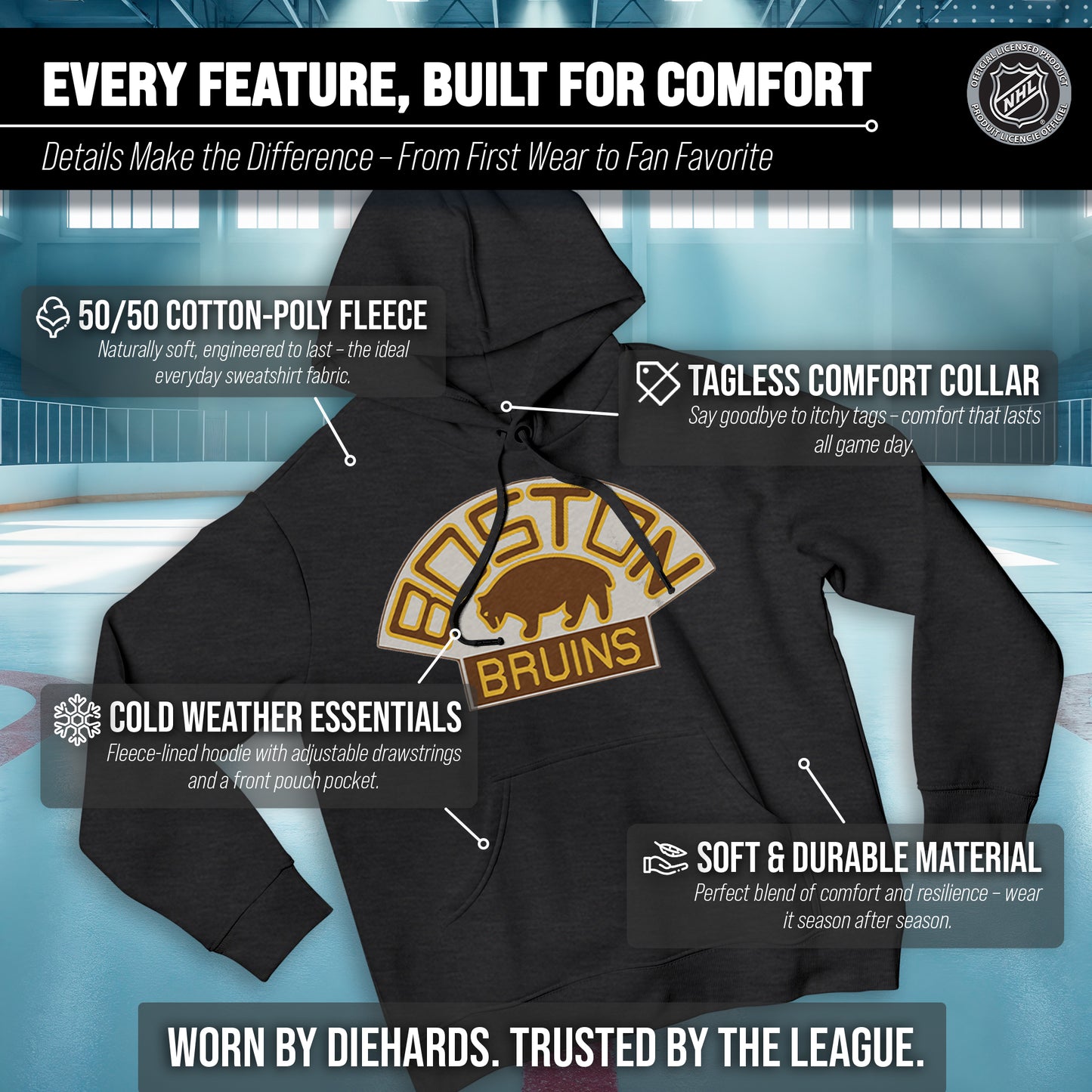 Boston  Bruins Adult NHL Retro Logo Hockey Fleece Hooded Sweatshirt - Black Heather