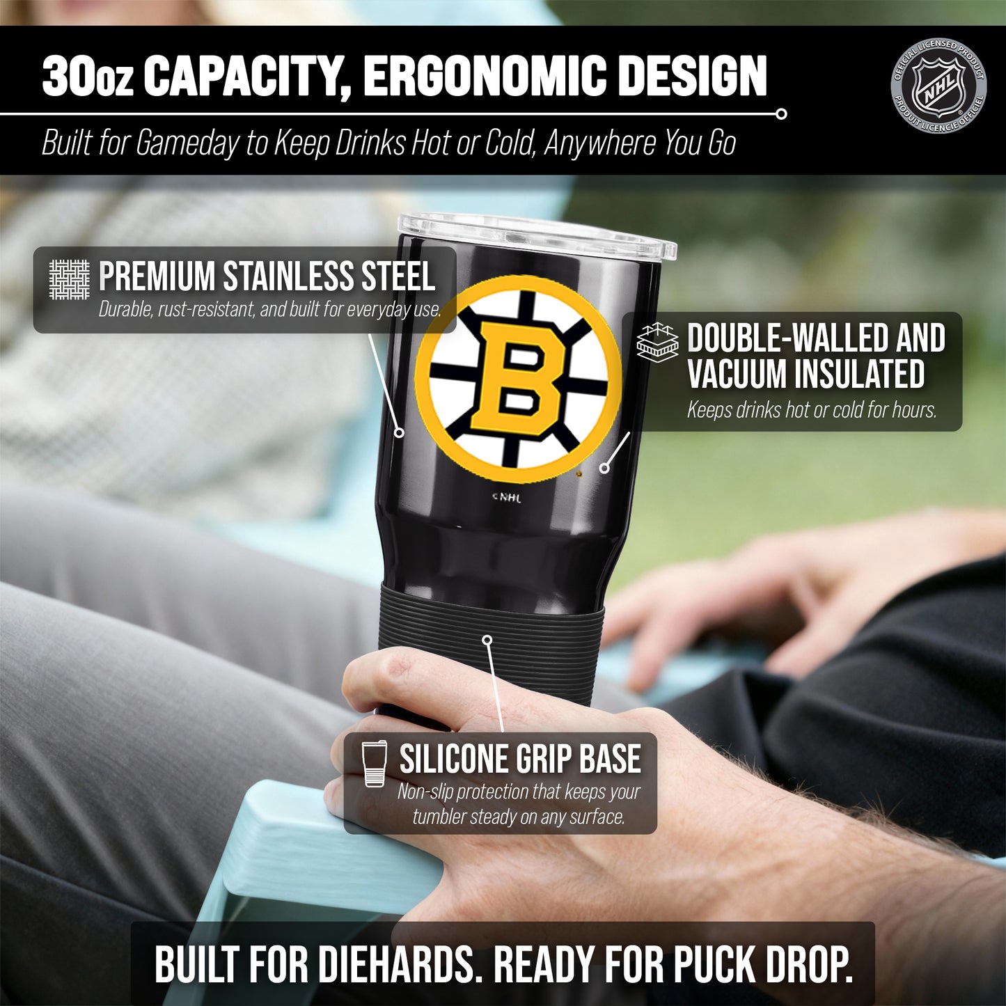 Boston  Bruins NHL Hockey 30oz Stainless Steel Vacuum Insulated Game Day Tumbler with Silicone Grip - Black