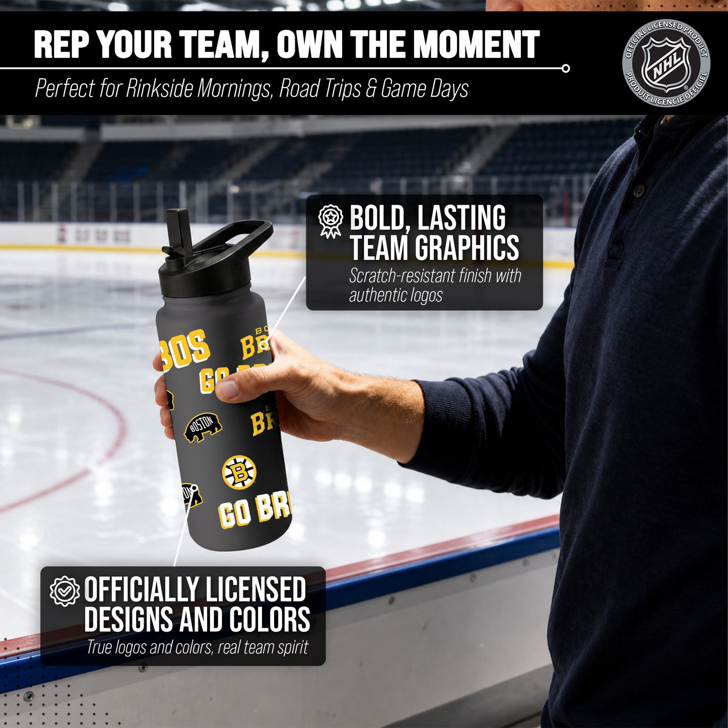 Boston  Bruins NHL Hockey 34oz Stainless Steel Vacuum Insulated Game Day Water Bottle with Flip Straw Lid and Handle - Black