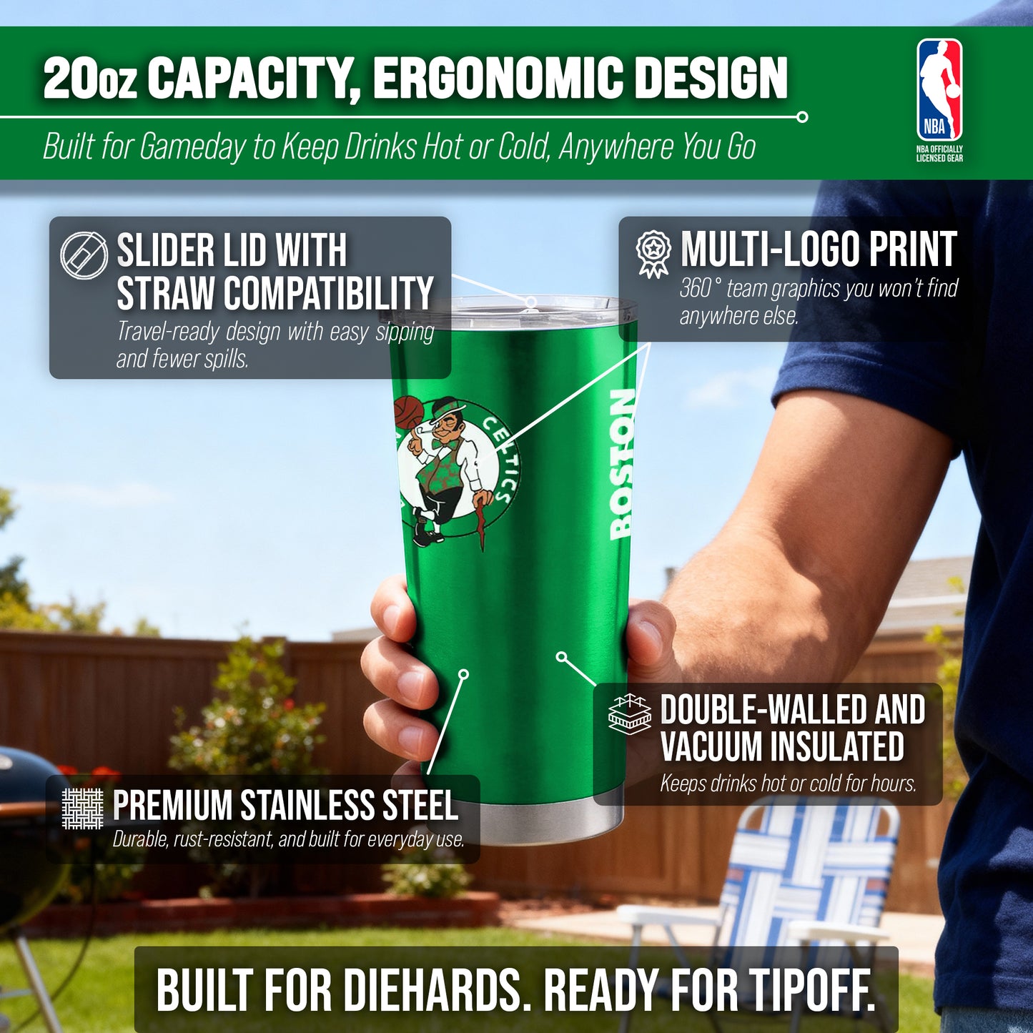 Boston Celtics NBA Basketball 20oz Stainless Steel Vacuum Insulated Game Day Tumbler with Silicone Grip - Kelly Green