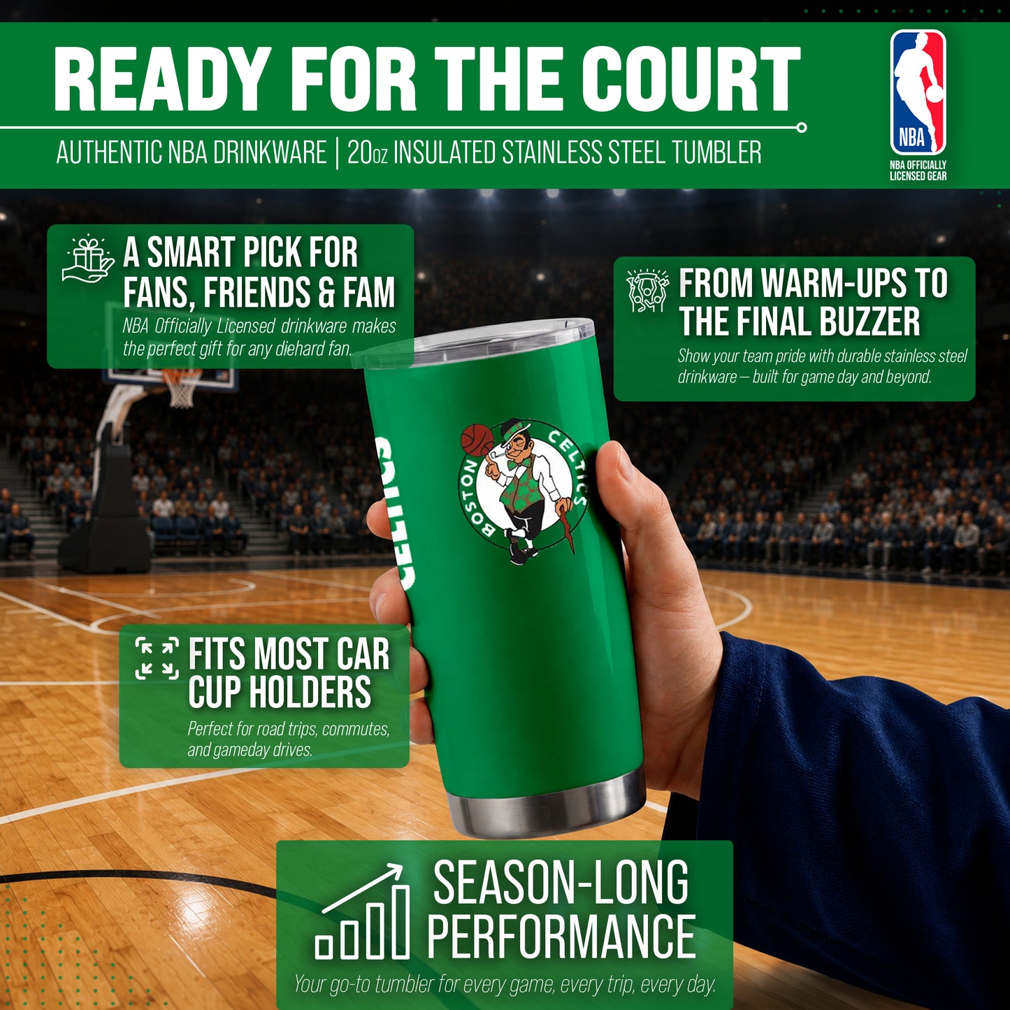 Boston Celtics NBA Basketball 20oz Stainless Steel Vacuum Insulated Game Day Tumbler with Silicone Grip - Kelly Green